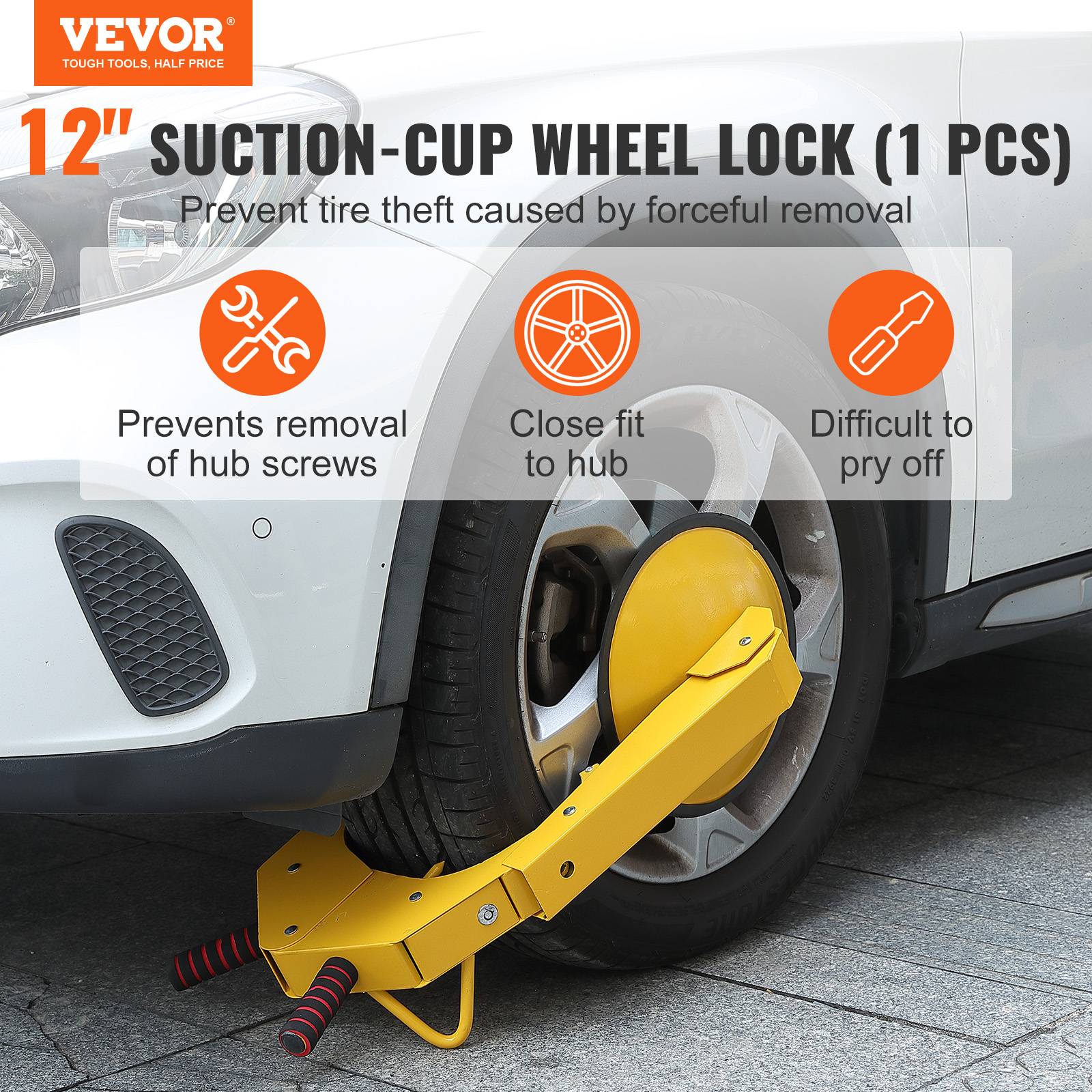 VEVOR Antivol voiture, sabot roue 16-38 cm, acier Q235, ventouse 30 cm. 2 clés. - Image 2
