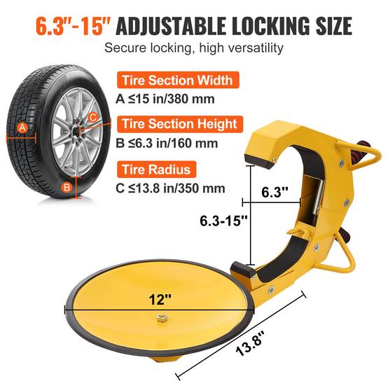 VEVOR Antivol voiture, sabot roue 16-38 cm, acier Q235, ventouse 30 cm. 2 clés. - Image 3