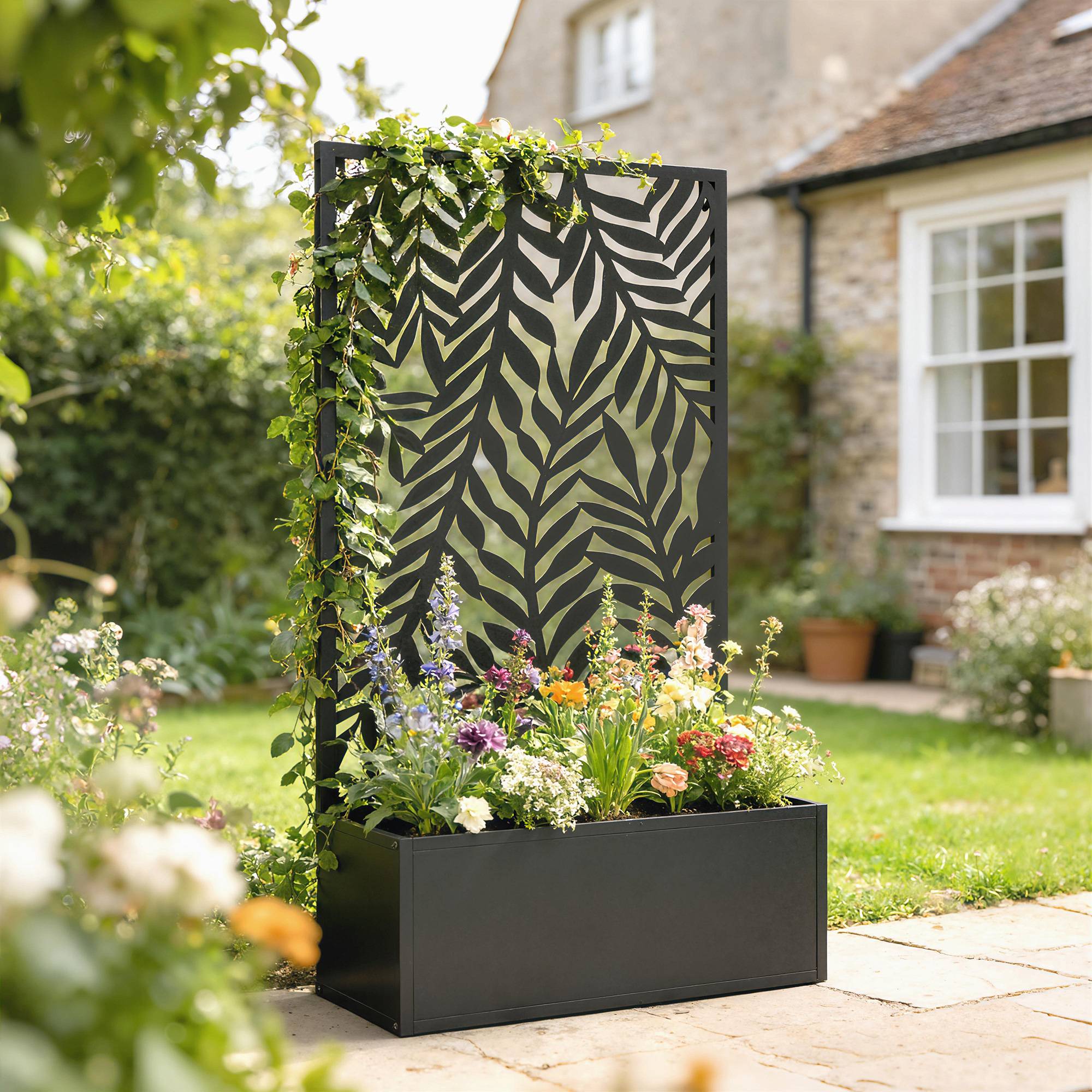 Jardinière avec treillis acier noir 61 x 23 x 113 cm - PANGIVO - Image 4