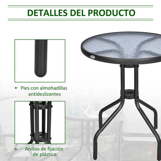Table de jardin ronde avec plateau décoratif en verre trempé et structure en métal pour patio, terrasse, balcon ou salle à manger Ø60x70 cm Noir - Image 8