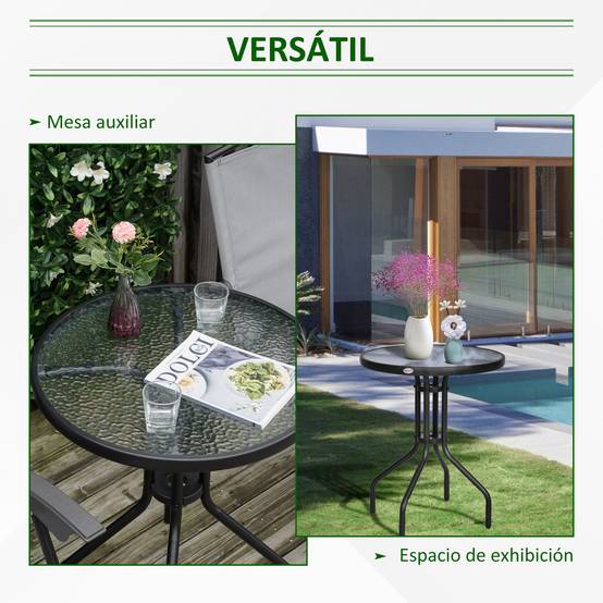 Table de jardin ronde avec plateau décoratif en verre trempé et structure en métal pour patio, terrasse, balcon ou salle à manger Ø60x70 cm Noir - Image 7
