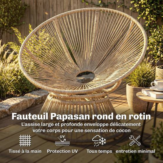 Fauteuil papasan pivotant polyrotin naturel 93 x 81 x 87 cm - PANGIVO - Image 7
