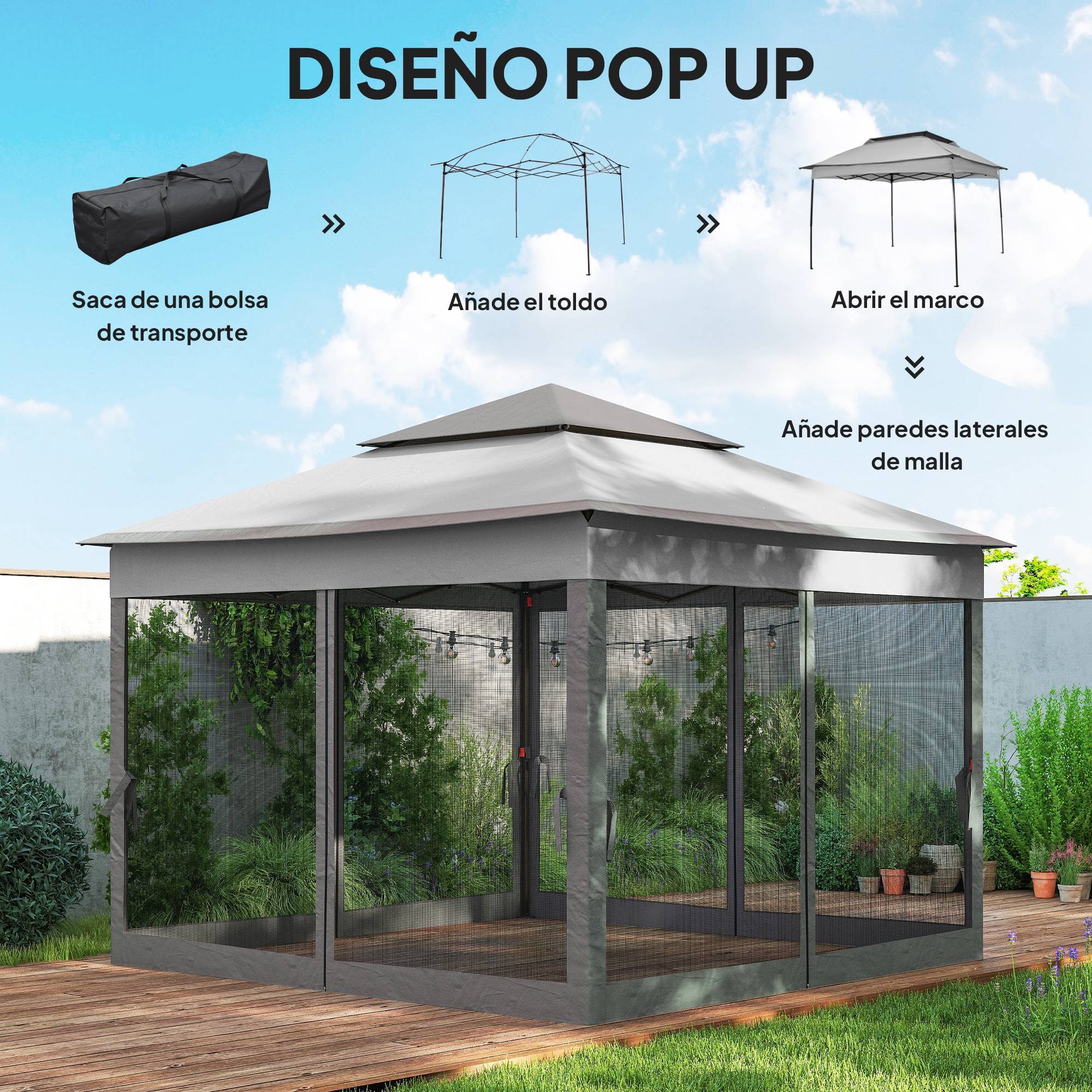 Tente gazebo pliable 3,3 x 3,3 m avec 4 parois latérales en maille anti-UV et sac de transport gris - Image 6