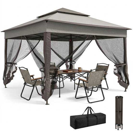 Tente gazebo pliable 3,3 x 3,3 m avec 4 parois latérales en maille anti-UV et sac de transport gris - Image 1