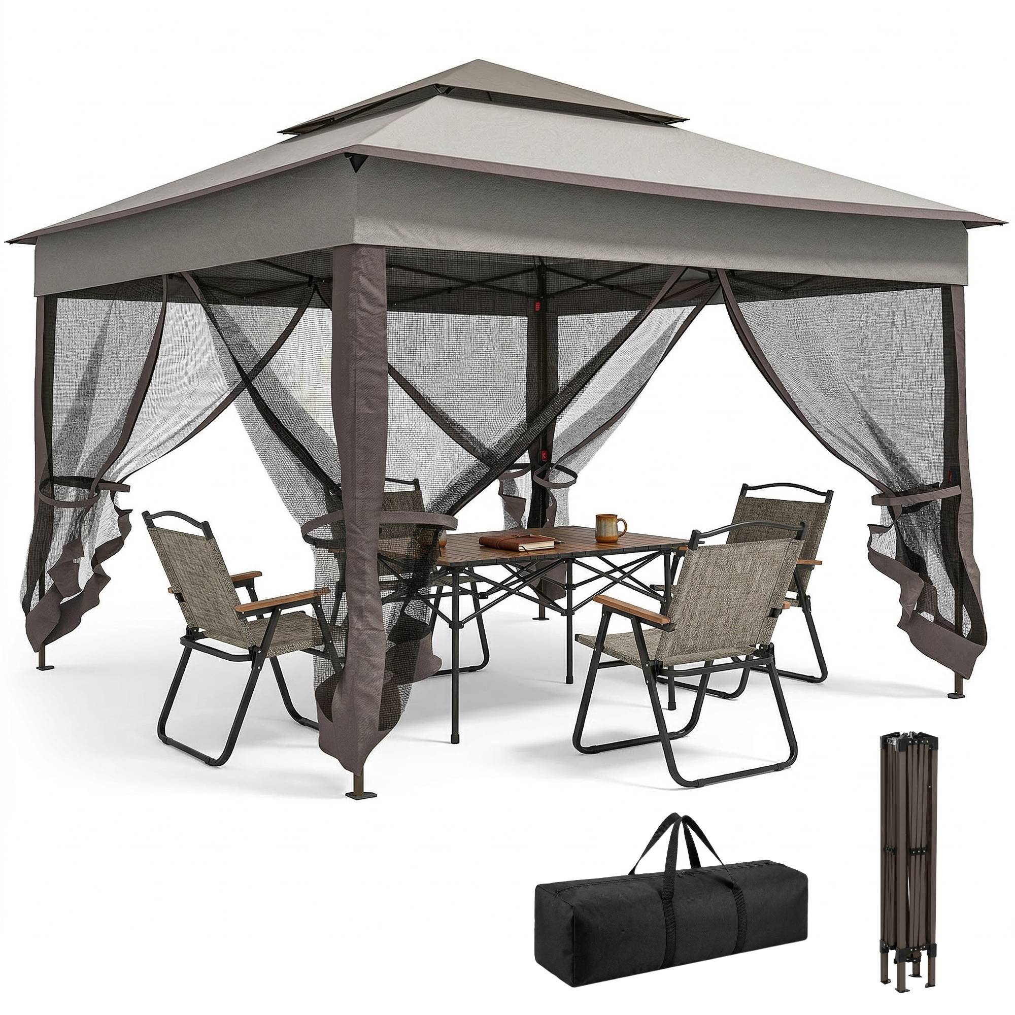 Tente gazebo pliable 3,3 x 3,3 m avec 4 parois latérales en maille anti-UV et sac de transport gris