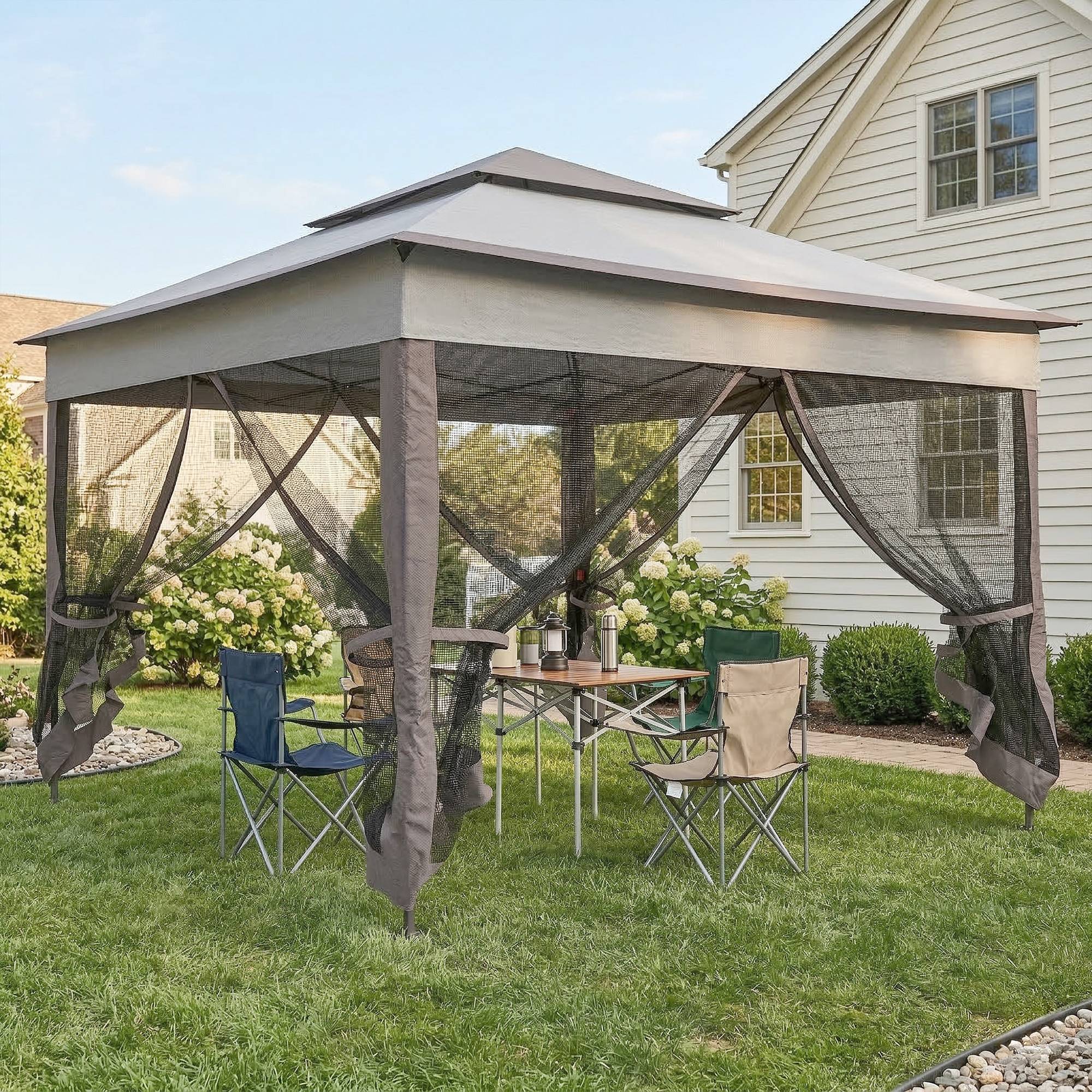 Tente gazebo pliable 3,3 x 3,3 m avec 4 parois latérales en maille anti-UV et sac de transport gris - Image 3