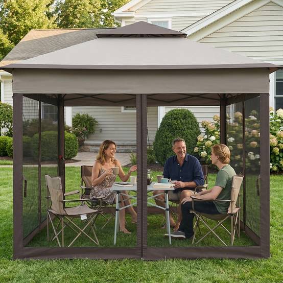 Tente gazebo pliable 3,3 x 3,3 m avec 4 parois latérales en maille anti-UV et sac de transport gris - Image 10