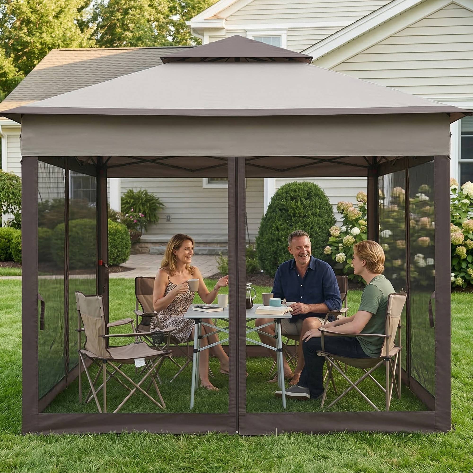 Tente gazebo pliable 3,3 x 3,3 m avec 4 parois latérales en maille anti-UV et sac de transport gris - Image 10