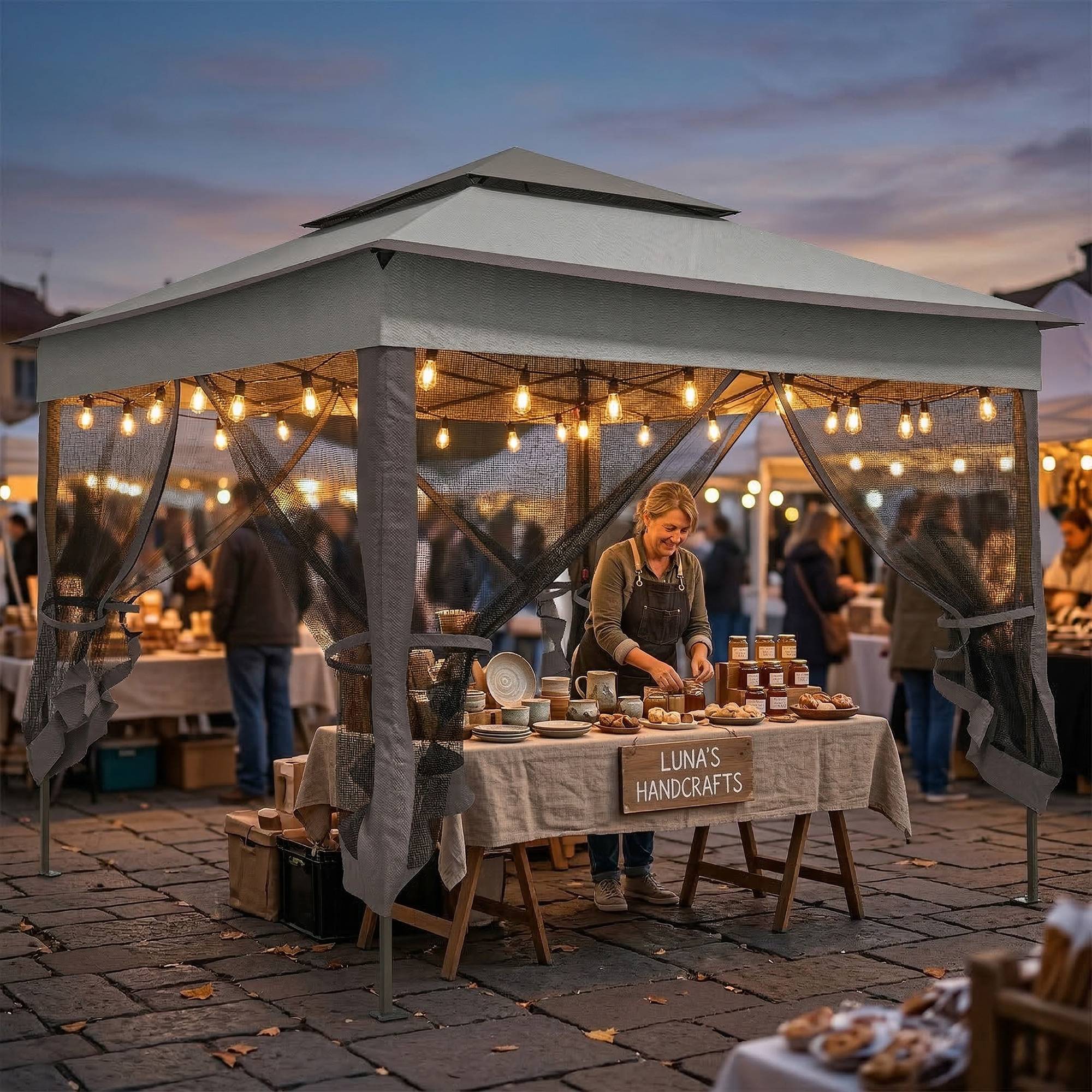 Tente gazebo pliable 3,3 x 3,3 m avec 4 parois latérales en maille anti-UV et sac de transport gris - Image 9