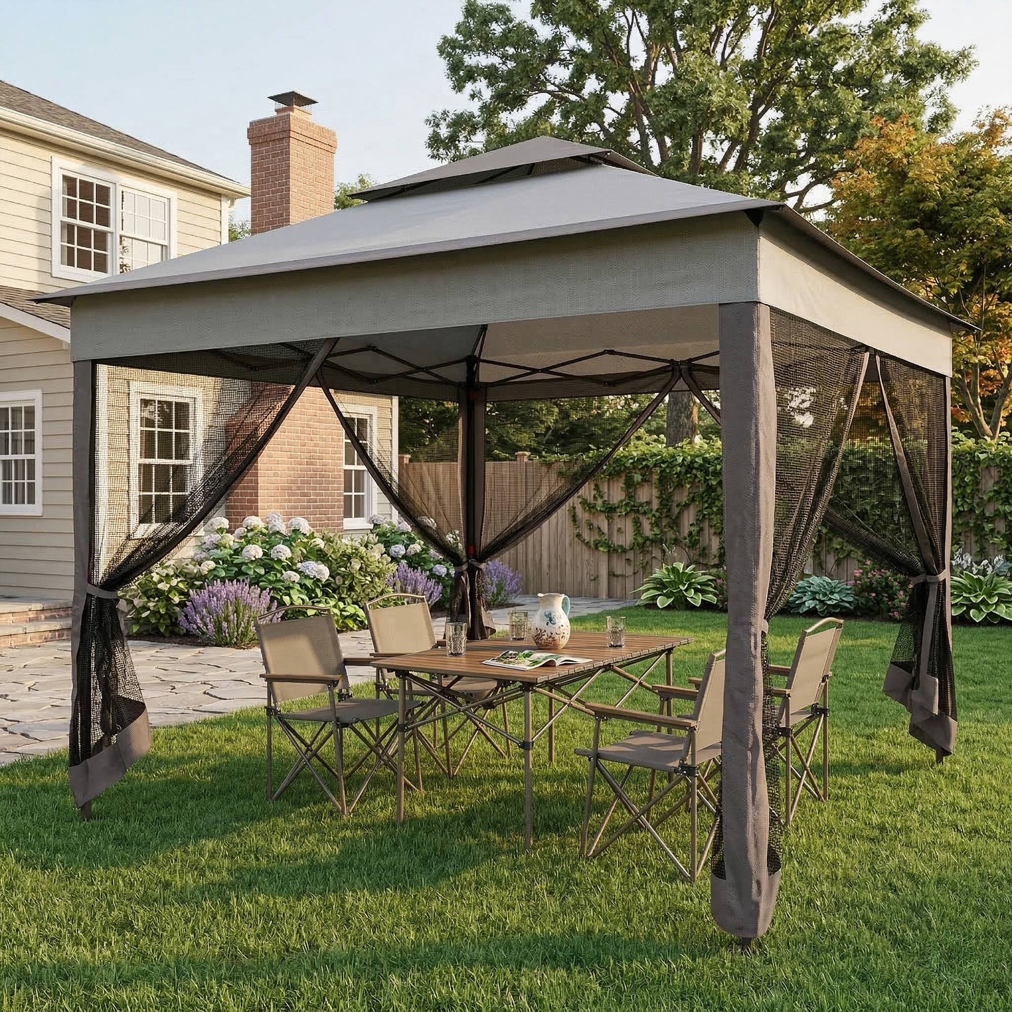 Tente gazebo pliable 3,3 x 3,3 m avec 4 parois latérales en maille anti-UV et sac de transport gris - Image 4
