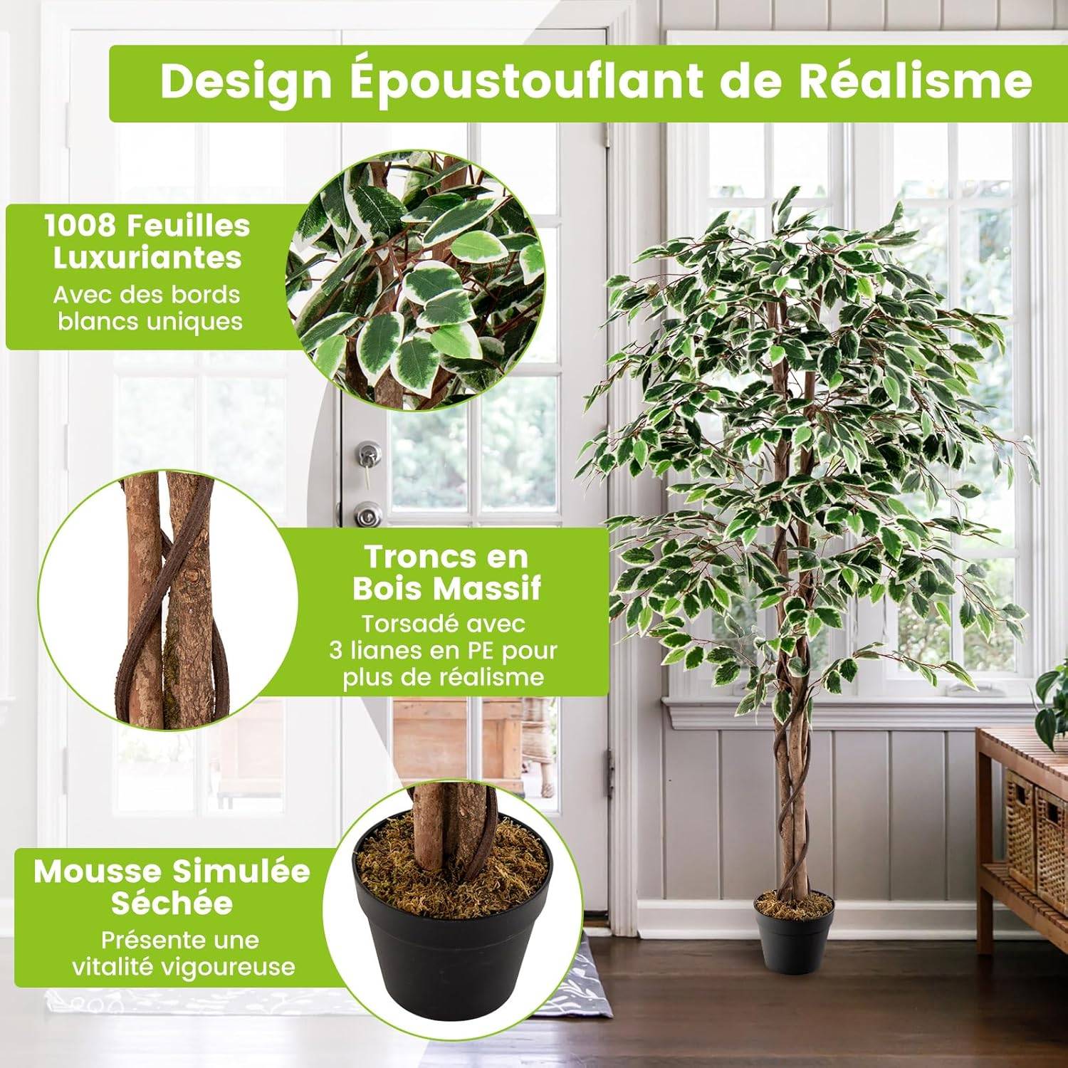 Plante Artificielle de 160CM avec Pot Rempli, Ficus Artificiel avec 1008 Feuilles Tronc Réaliste - Image 3