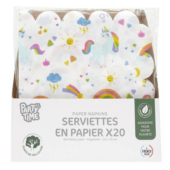 Party Time - Lot de 20 Serviettes en Papier "Licorne" 33x33cm Blanc - Image 3