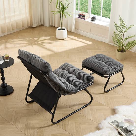 Fauteuil de terrasse inclinable avec ottoman cadre noir coussin gris confortable avec repose-pieds pour intérieur et extérieur - Image 3