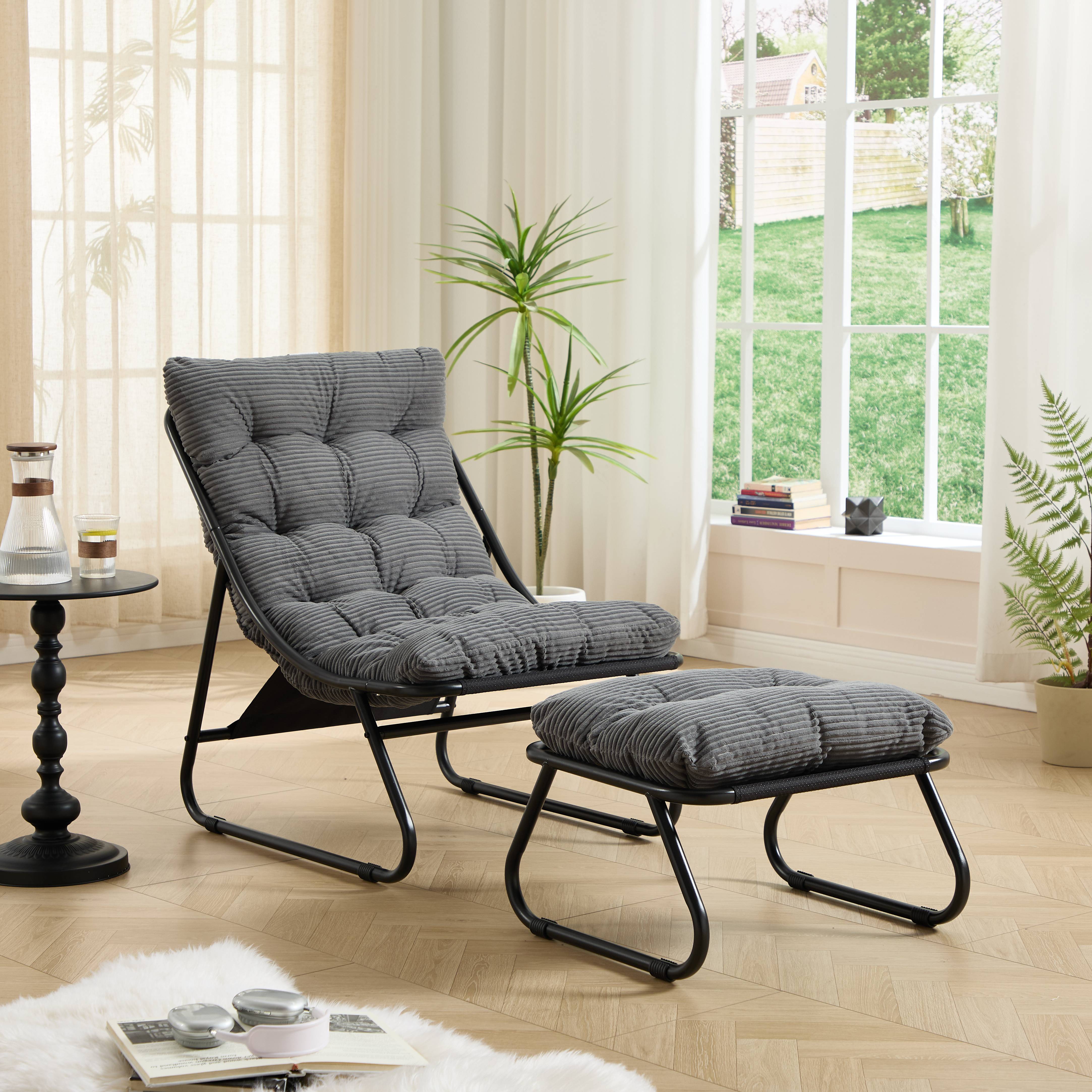 Fauteuil de terrasse inclinable avec ottoman cadre noir coussin gris confortable avec repose-pieds pour intérieur et extérieur - Image 1