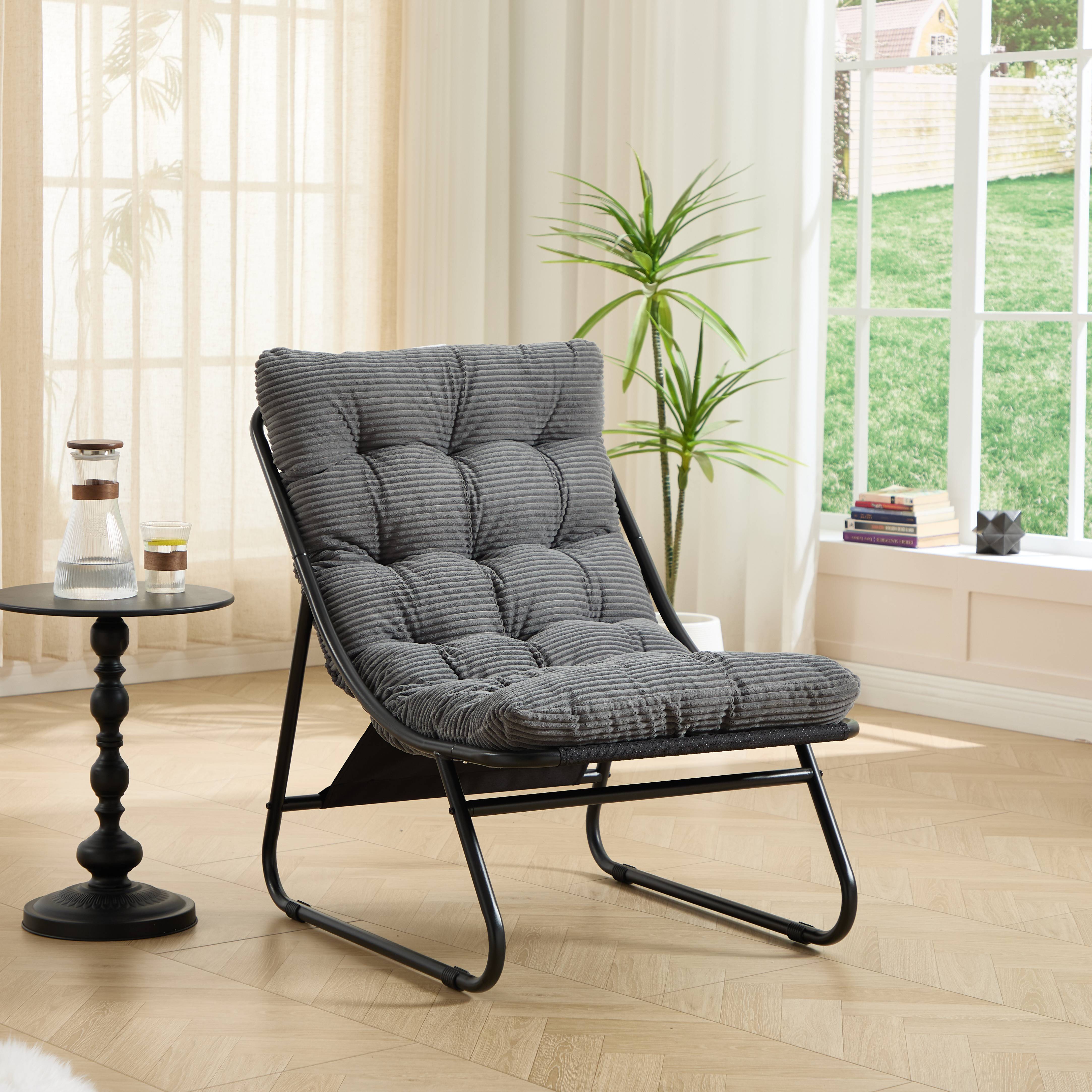 Fauteuil de terrasse inclinable avec ottoman cadre noir coussin gris confortable avec repose-pieds pour intérieur et extérieur - Image 9