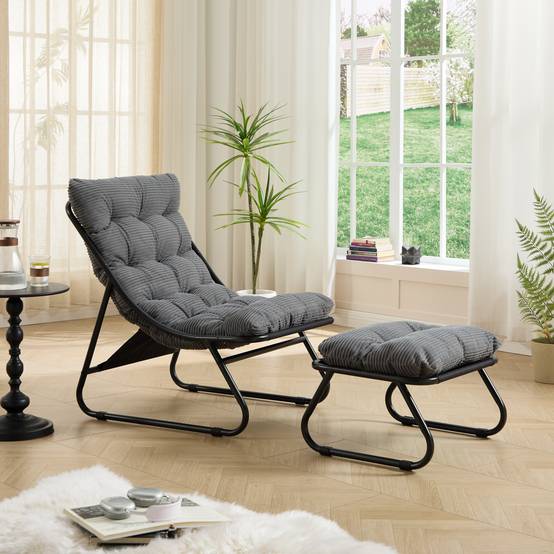 Fauteuil de terrasse inclinable avec ottoman cadre noir coussin gris confortable avec repose-pieds pour intérieur et extérieur - Image 2