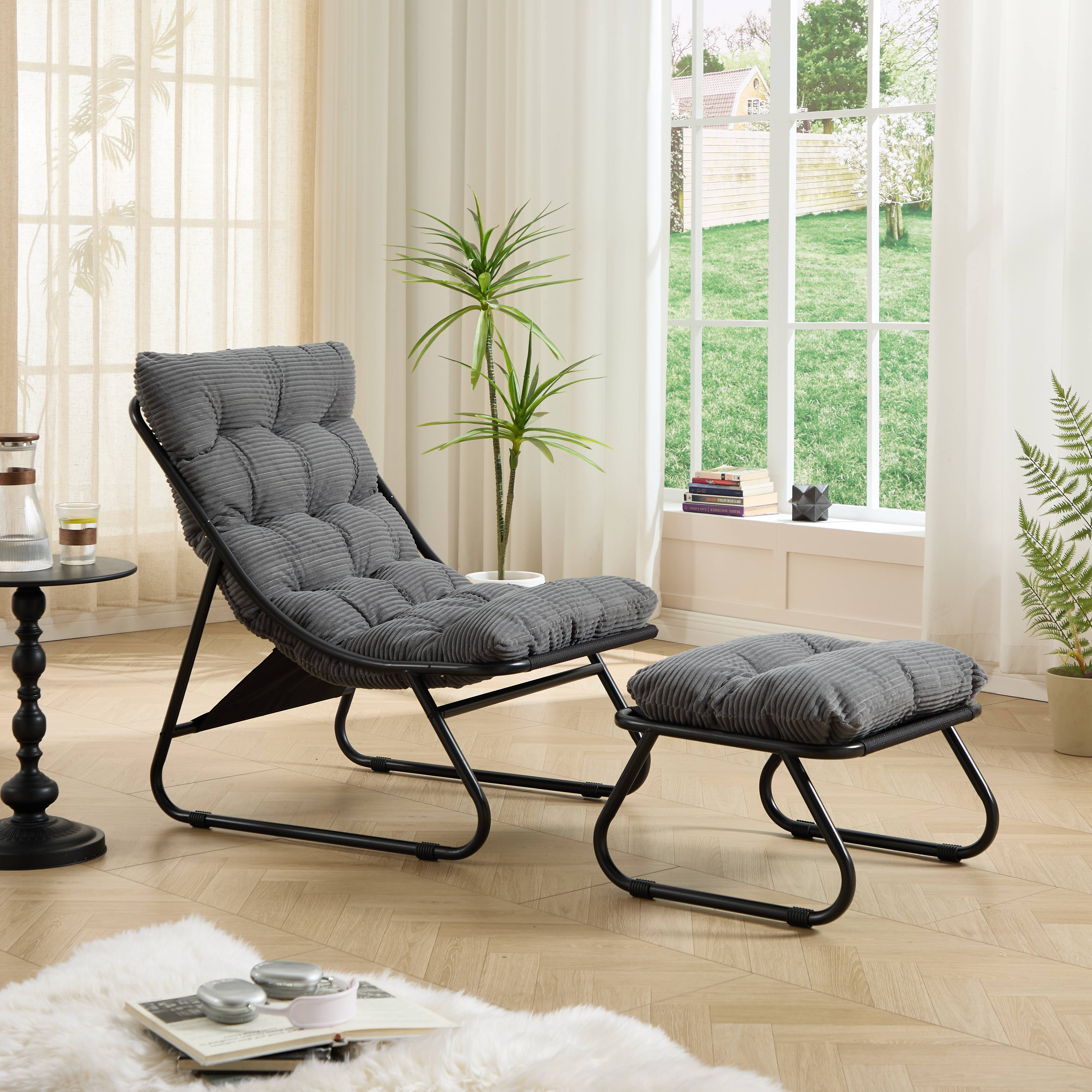 Fauteuil de terrasse inclinable avec ottoman cadre noir coussin gris confortable avec repose-pieds pour intérieur et extérieur - Image 2