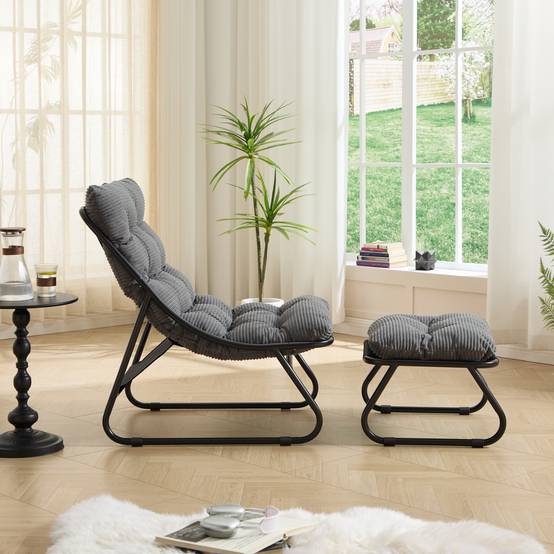 Fauteuil de terrasse inclinable avec ottoman cadre noir coussin gris confortable avec repose-pieds pour intérieur et extérieur - Image 4