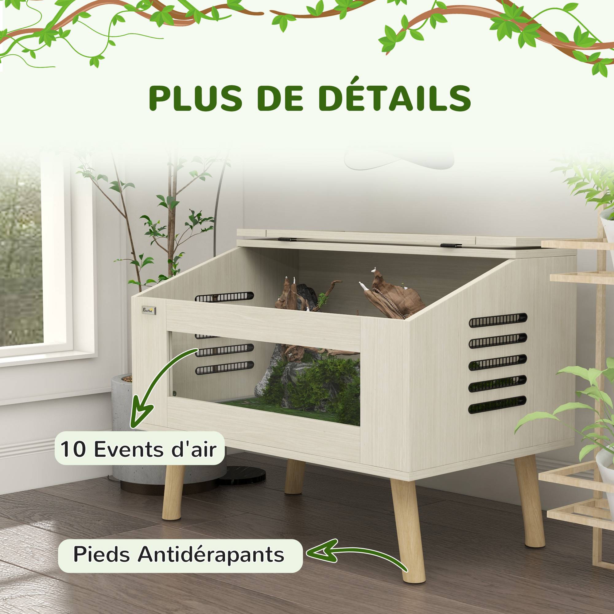 Terrarium pour reptiles, vivarium pour serpents 111L avec fenêtres en verre trempé, couvercle, 80 x 50 x 60 cm - Image 9