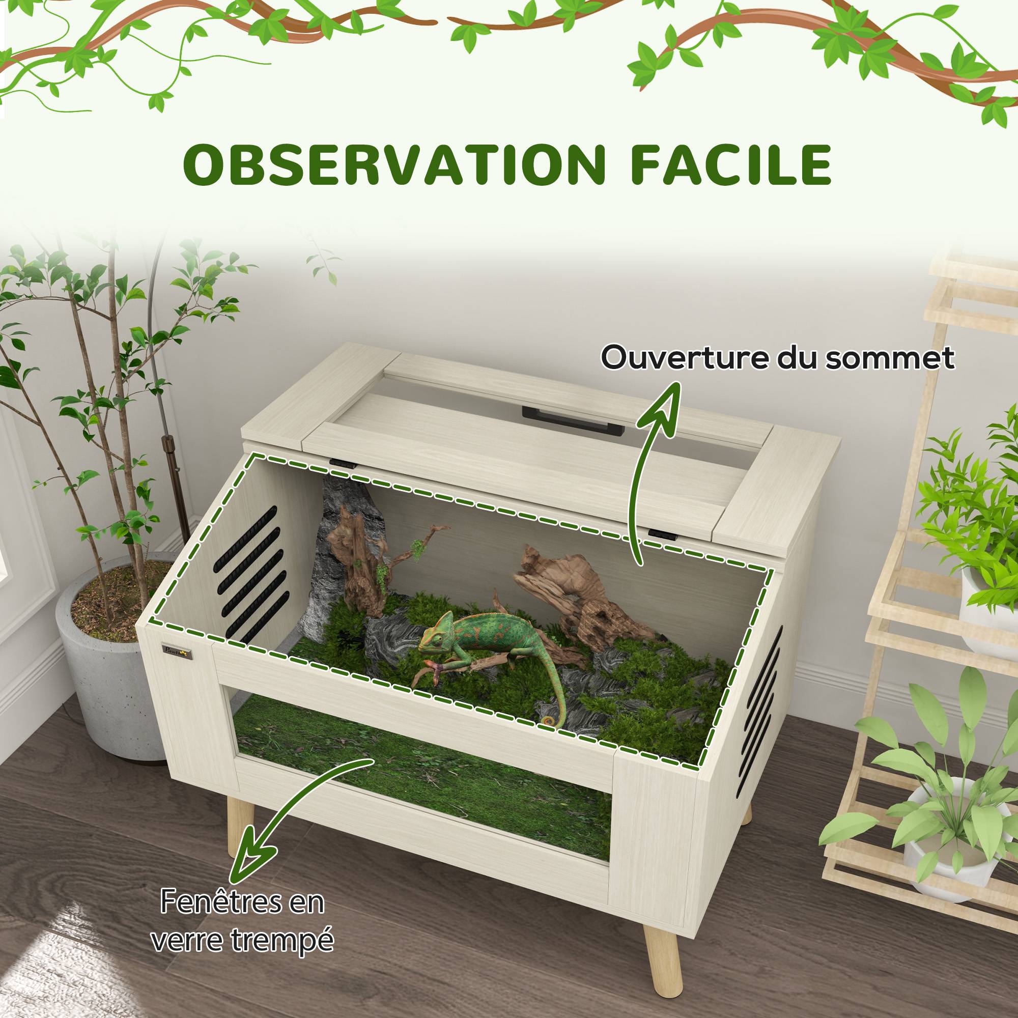 Terrarium pour reptiles, vivarium pour serpents 111L avec fenêtres en verre trempé, couvercle, 80 x 50 x 60 cm - Image 7