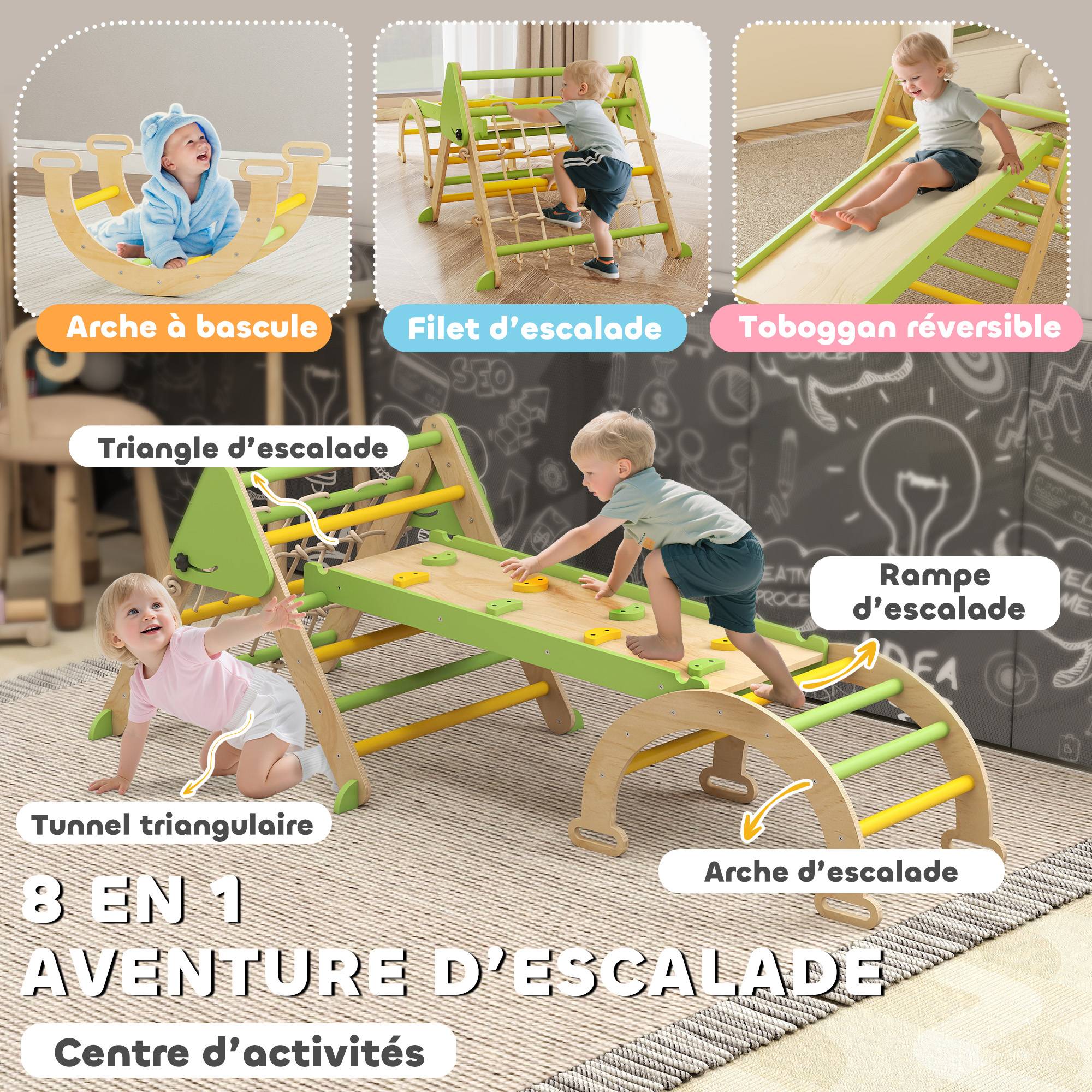 Triangle d'escalade enfants 8 en 1 avec rampe double face, arc d'escalade en bois avec toboggan & échelle, vert - Image 6