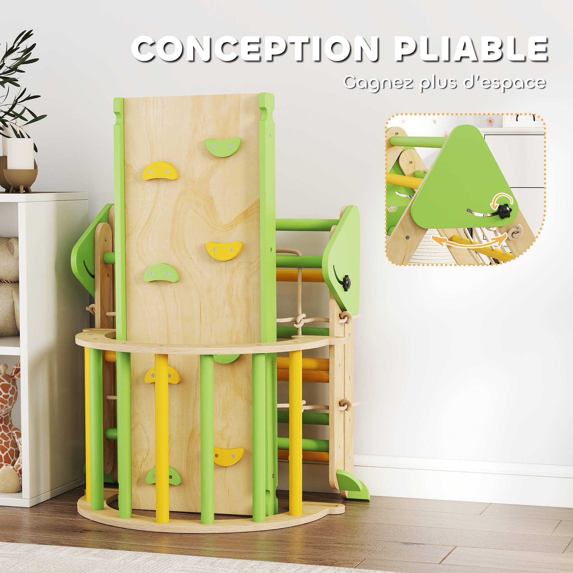 Triangle d'escalade enfants 8 en 1 avec rampe double face, arc d'escalade en bois avec toboggan & échelle, vert - Image 9
