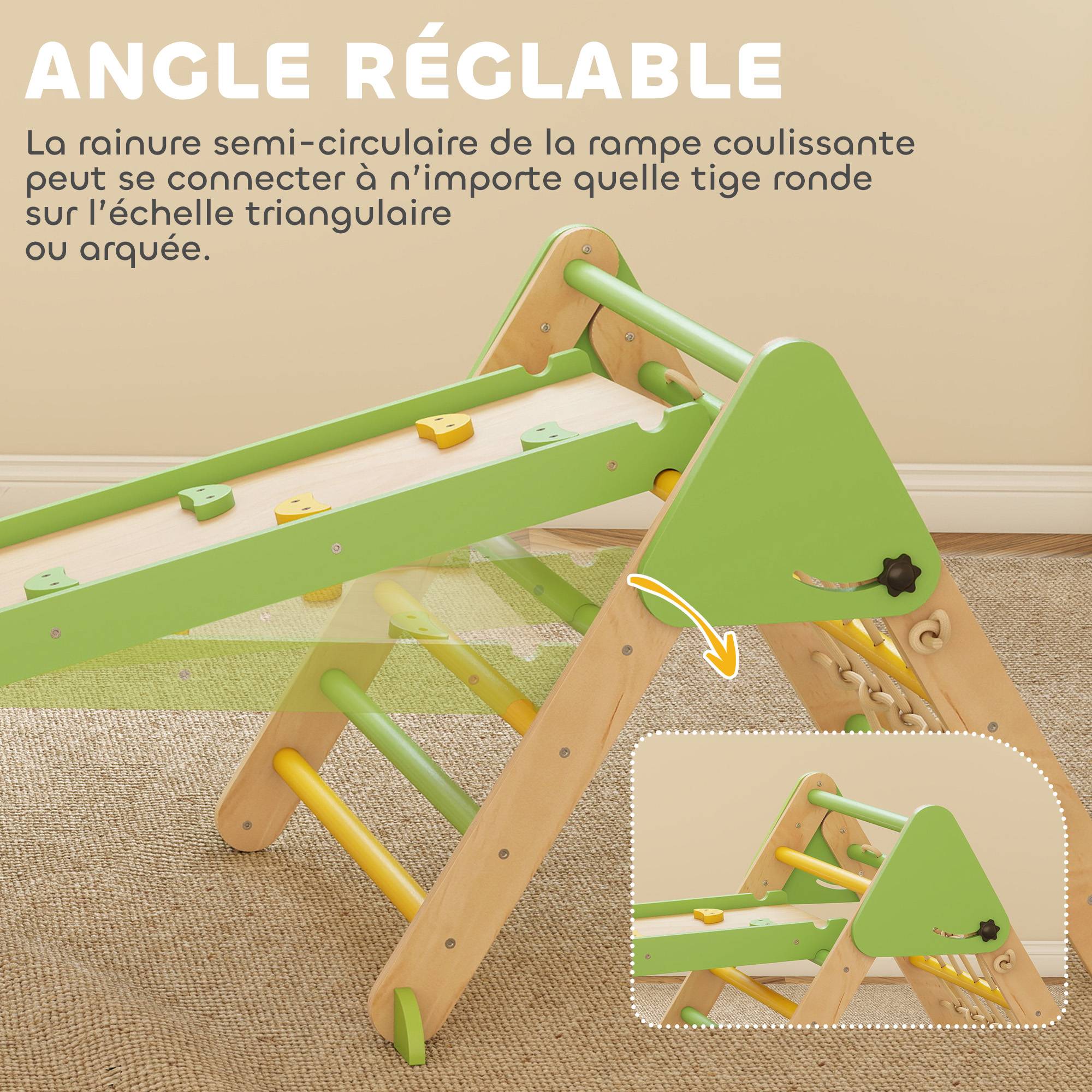 Triangle d'escalade enfants 8 en 1 avec rampe double face, arc d'escalade en bois avec toboggan & échelle, vert - Image 8