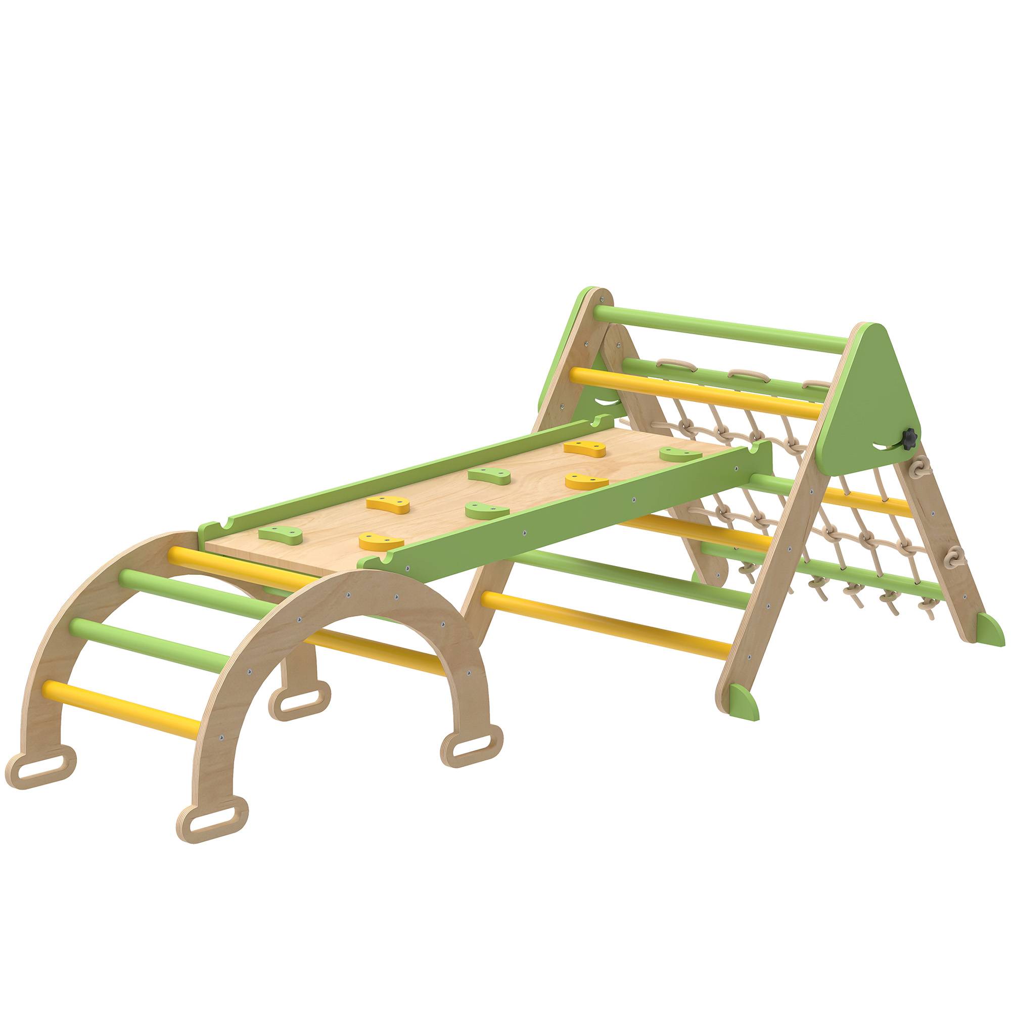 Triangle d'escalade enfants 8 en 1 avec rampe double face, arc d'escalade en bois avec toboggan & échelle, vert - Image 2