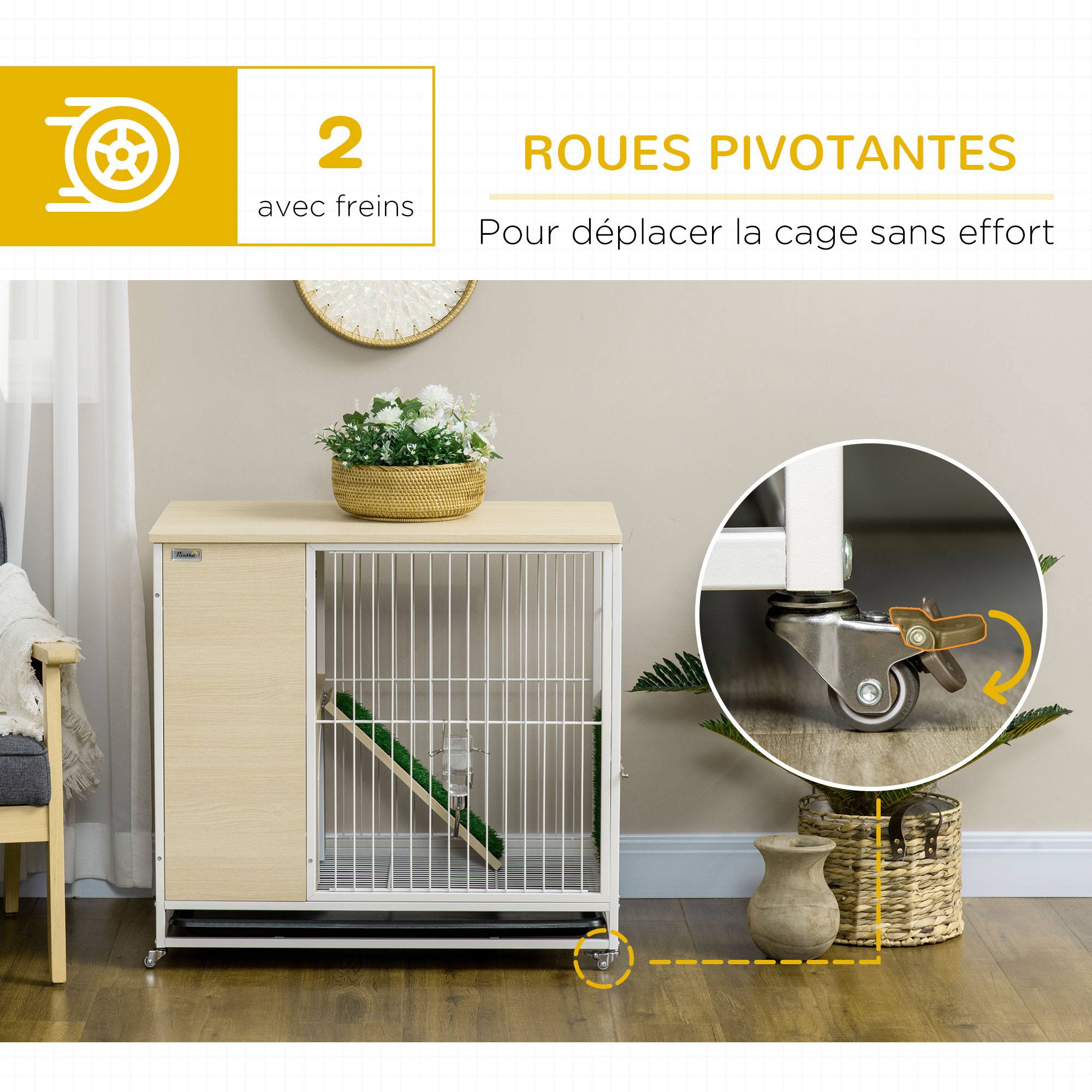 Cage à lapin clapier sur roulettes toit ouvrant plates-formes avec plateau amovible 78 x 52,5 x 76,5 cm naturel - Image 9