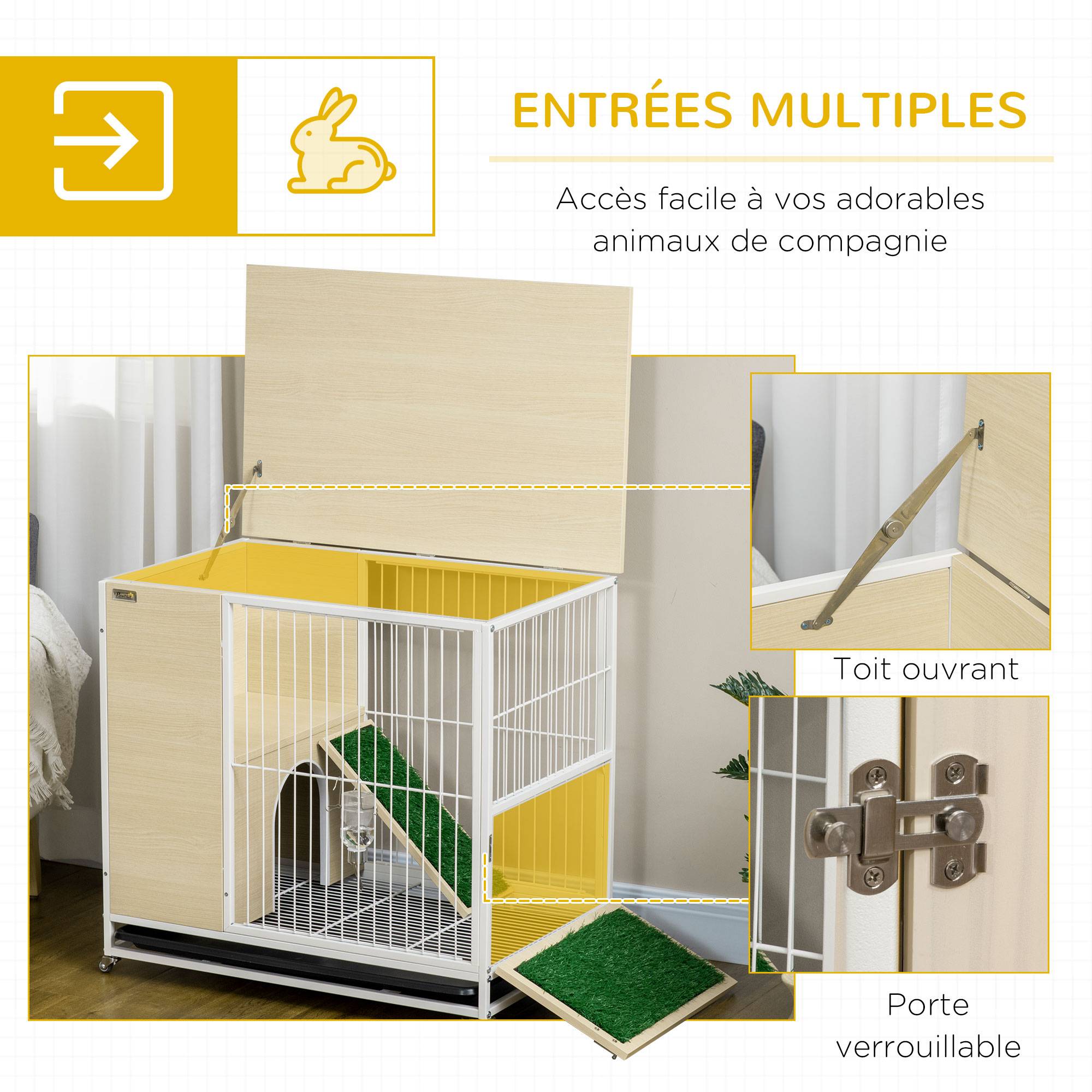 Cage à lapin clapier sur roulettes toit ouvrant plates-formes avec plateau amovible 78 x 52,5 x 76,5 cm naturel - Image 7