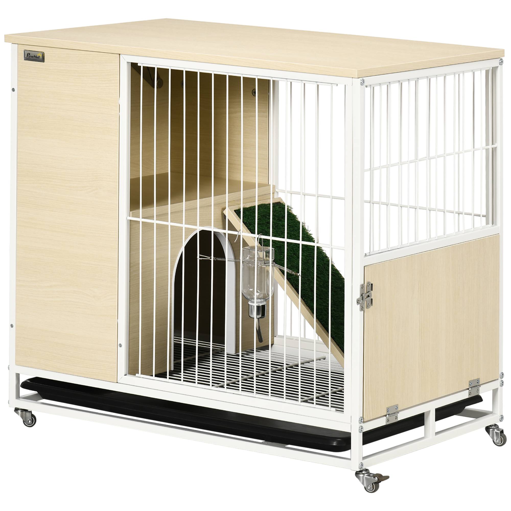 Cage à lapin clapier sur roulettes toit ouvrant plates-formes avec plateau amovible 78 x 52,5 x 76,5 cm naturel - Image 2