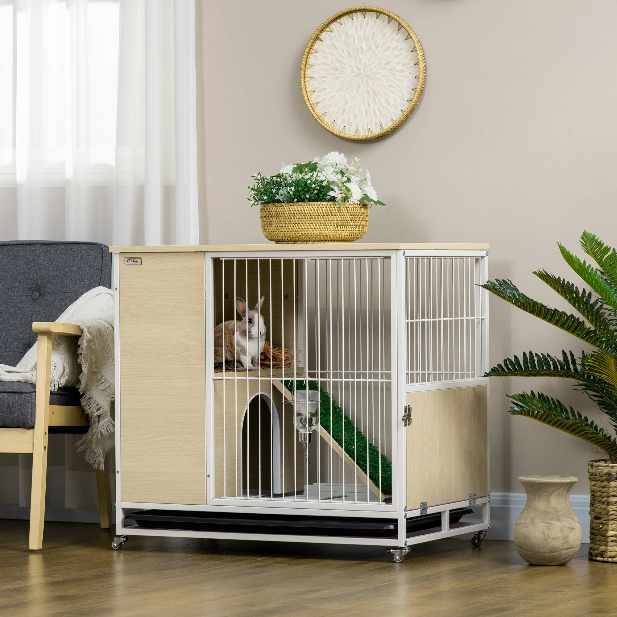 Cage à lapin clapier sur roulettes toit ouvrant plates-formes avec plateau amovible 78 x 52,5 x 76,5 cm naturel - Image 3
