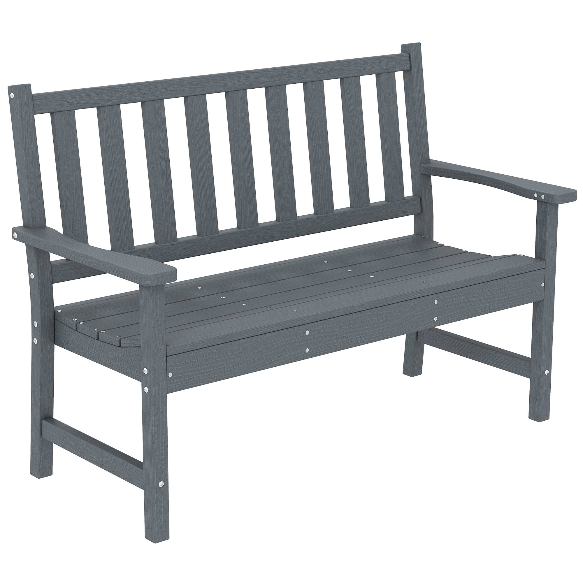 Banc de jardin 2 places, banc d'extérieur en plastique résistant aux intempéries avec structure à lattes, dossier imitation bois, gris
