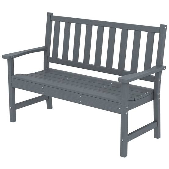 Banc de jardin 2 places, banc d'extérieur en plastique résistant aux intempéries avec structure à lattes, dossier imitation bois, gris - Image 2
