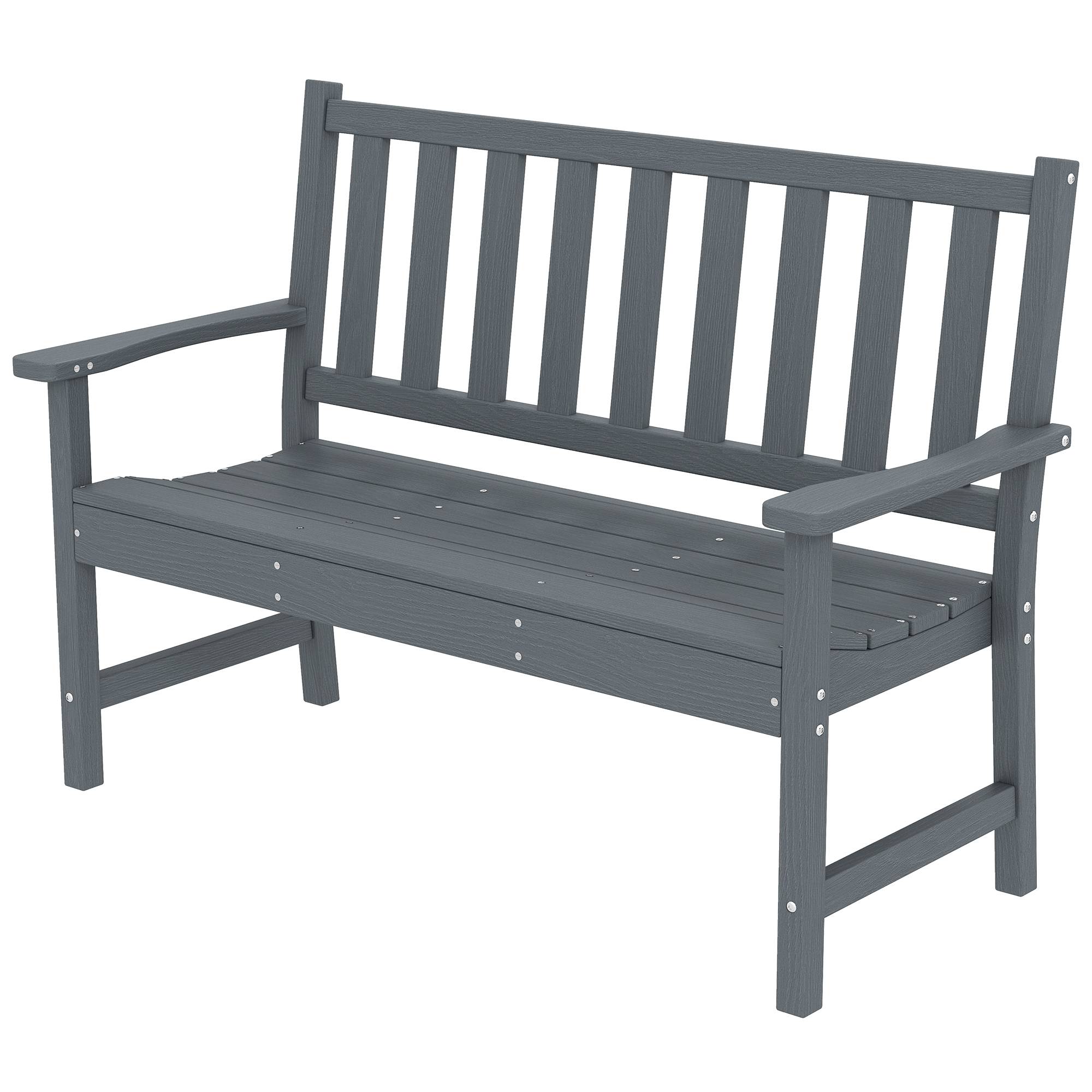 Banc de jardin 2 places, banc d'extérieur en plastique résistant aux intempéries avec structure à lattes, dossier imitation bois, gris - Image 2