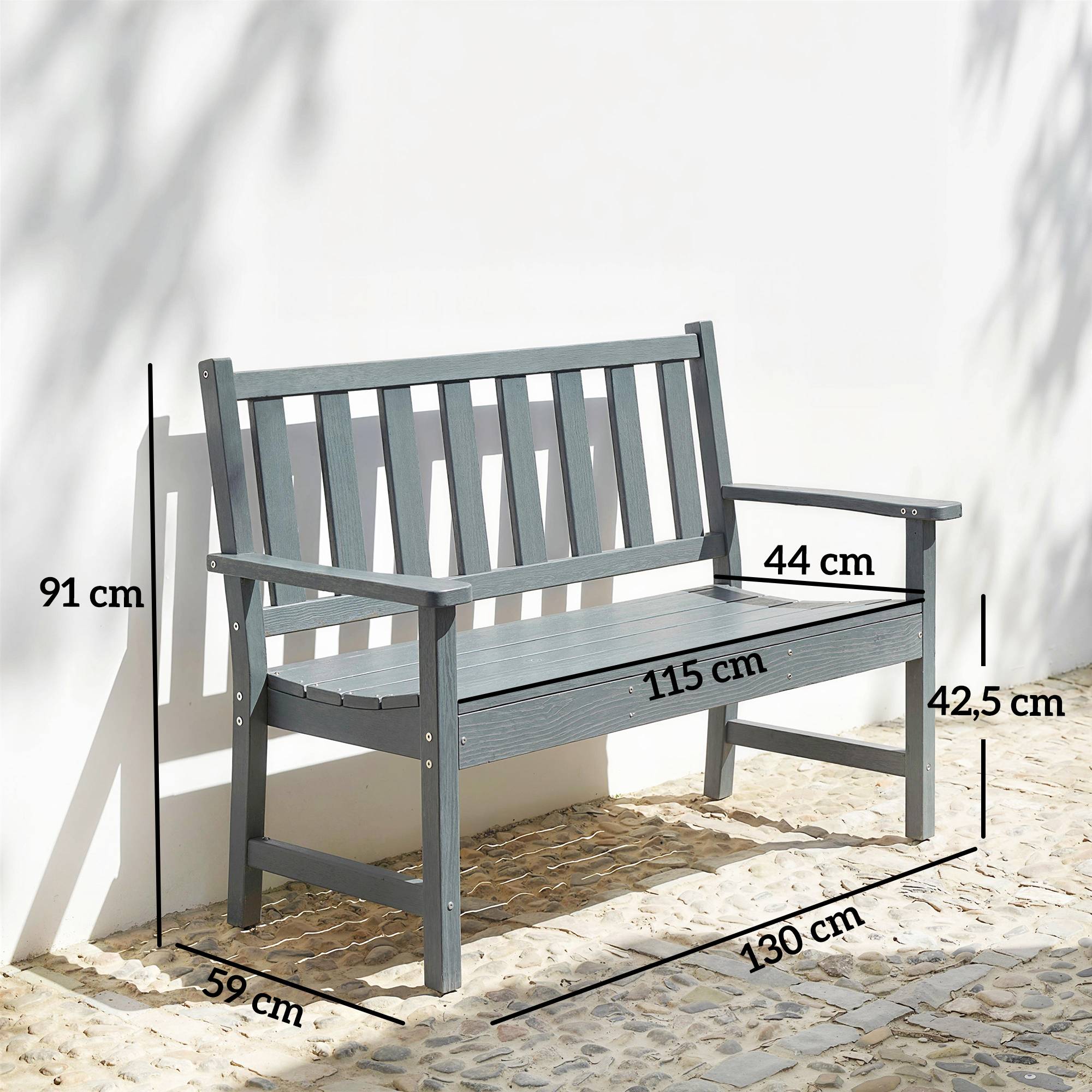Banc de jardin 2 places, banc d'extérieur en plastique résistant aux intempéries avec structure à lattes, dossier imitation bois, gris - Image 5