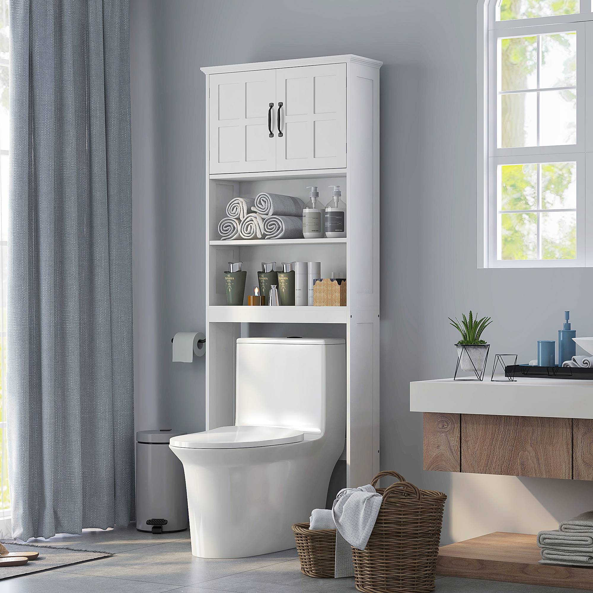Sans Marque - Meuble WC dessus toilette armoire rangement salle bain niches placard double porte étagère réglable - Image 4