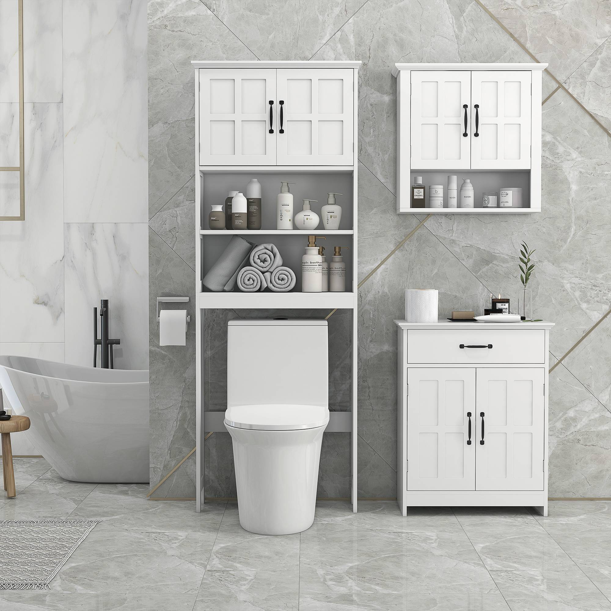 Sans Marque - Meuble WC dessus toilette armoire rangement salle bain niches placard double porte étagère réglable - Image 3