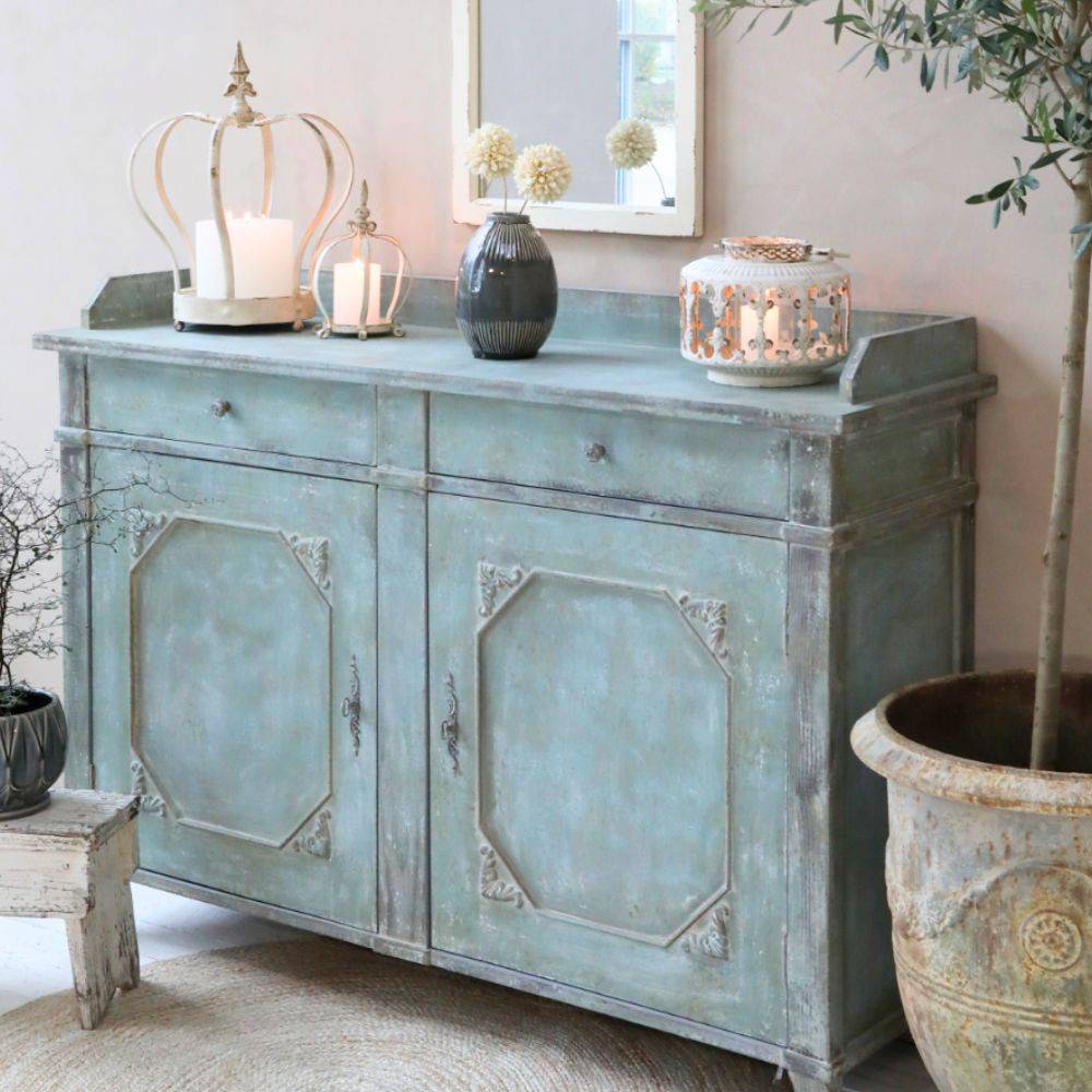 Chemin De Campagne - Buffet 2 portes en bois de pin bleu antique opale 142 x 43 x 104 cm Chemin de campagne - Image 2