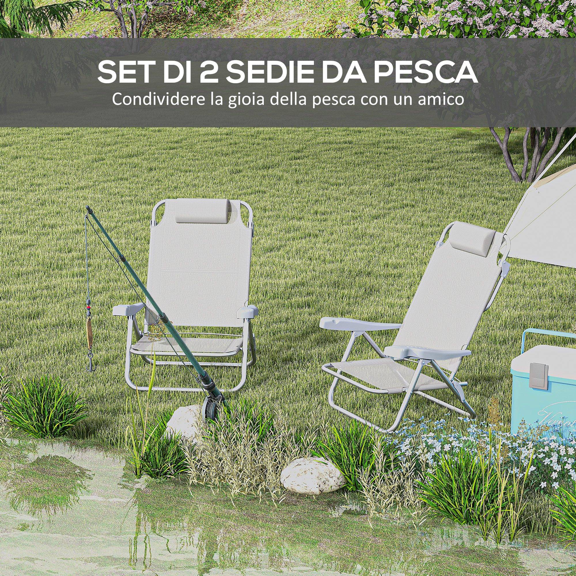 Lot de 2 chaises de camping pliantes et inclinables à 6 positions, en aluminium et mousse, 62 x 65 x 80 cm, gris clair - Image 6