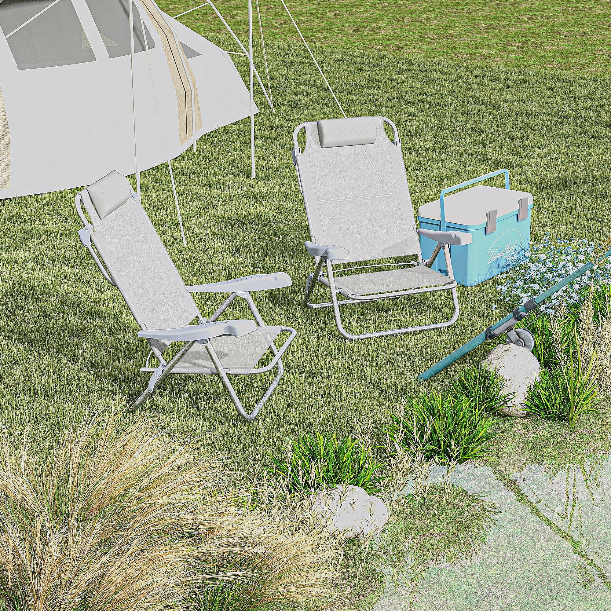 Lot de 2 chaises de camping pliantes et inclinables à 6 positions, en aluminium et mousse, 62 x 65 x 80 cm, gris clair - Image 3