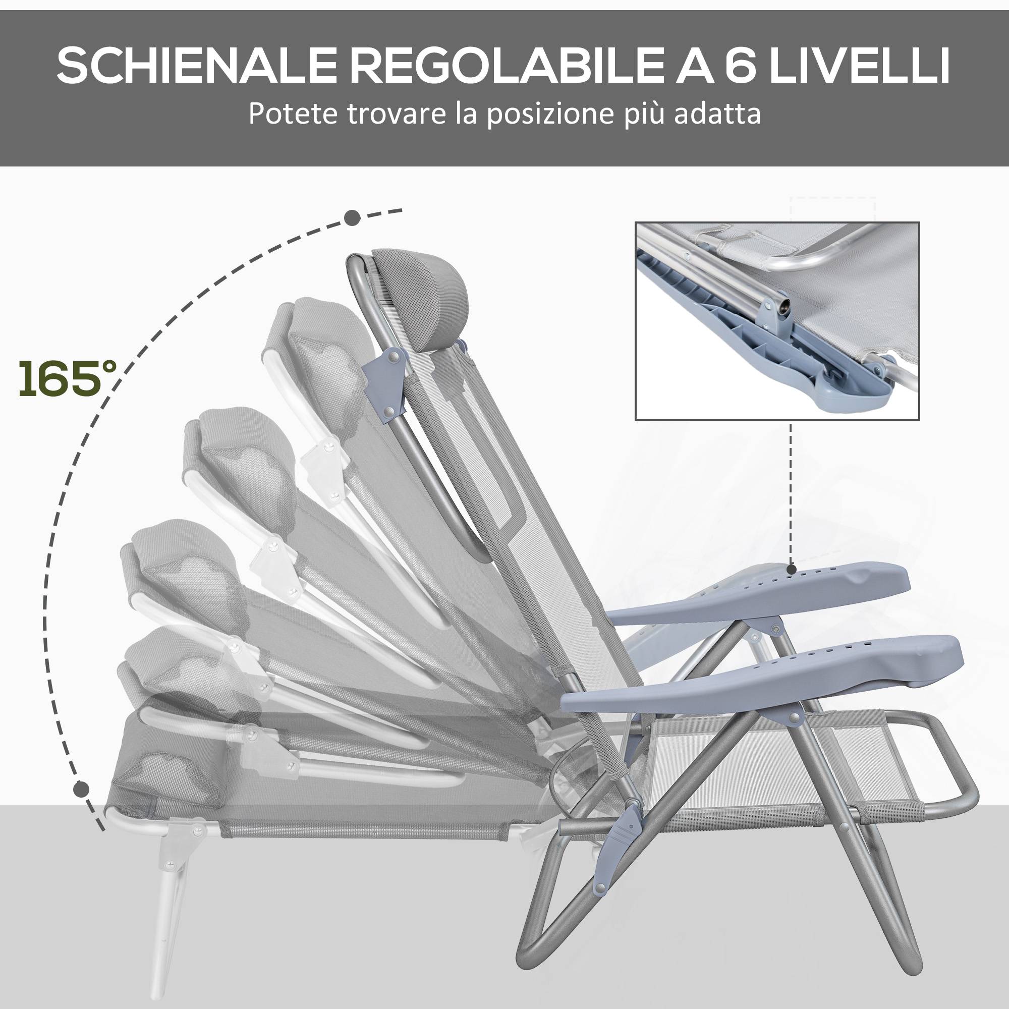 Lot de 2 chaises de camping pliantes et inclinables à 6 positions, en aluminium et mousse, 62 x 65 x 80 cm, gris clair - Image 7