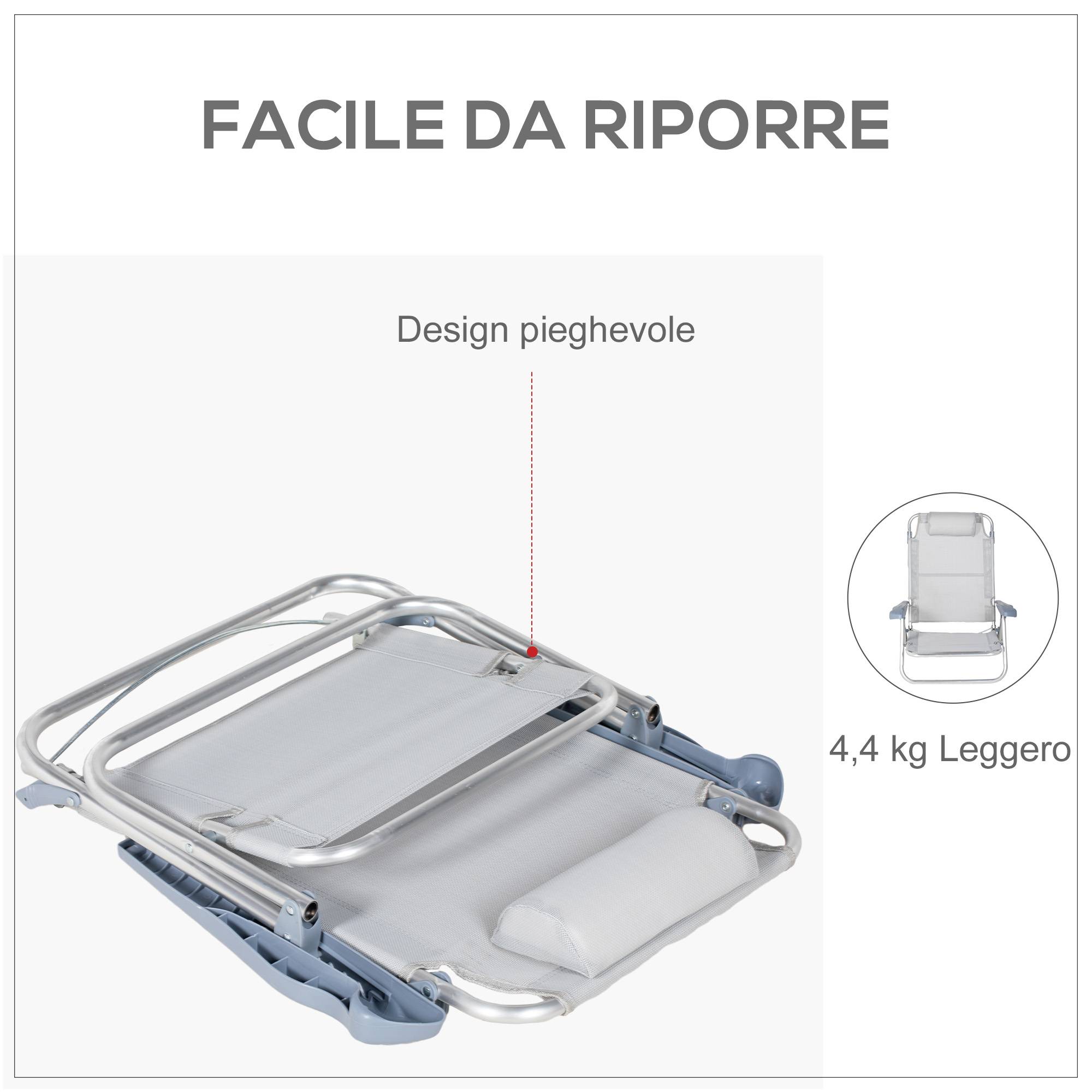 Lot de 2 chaises de camping pliantes et inclinables à 6 positions, en aluminium et mousse, 62 x 65 x 80 cm, gris clair - Image 9
