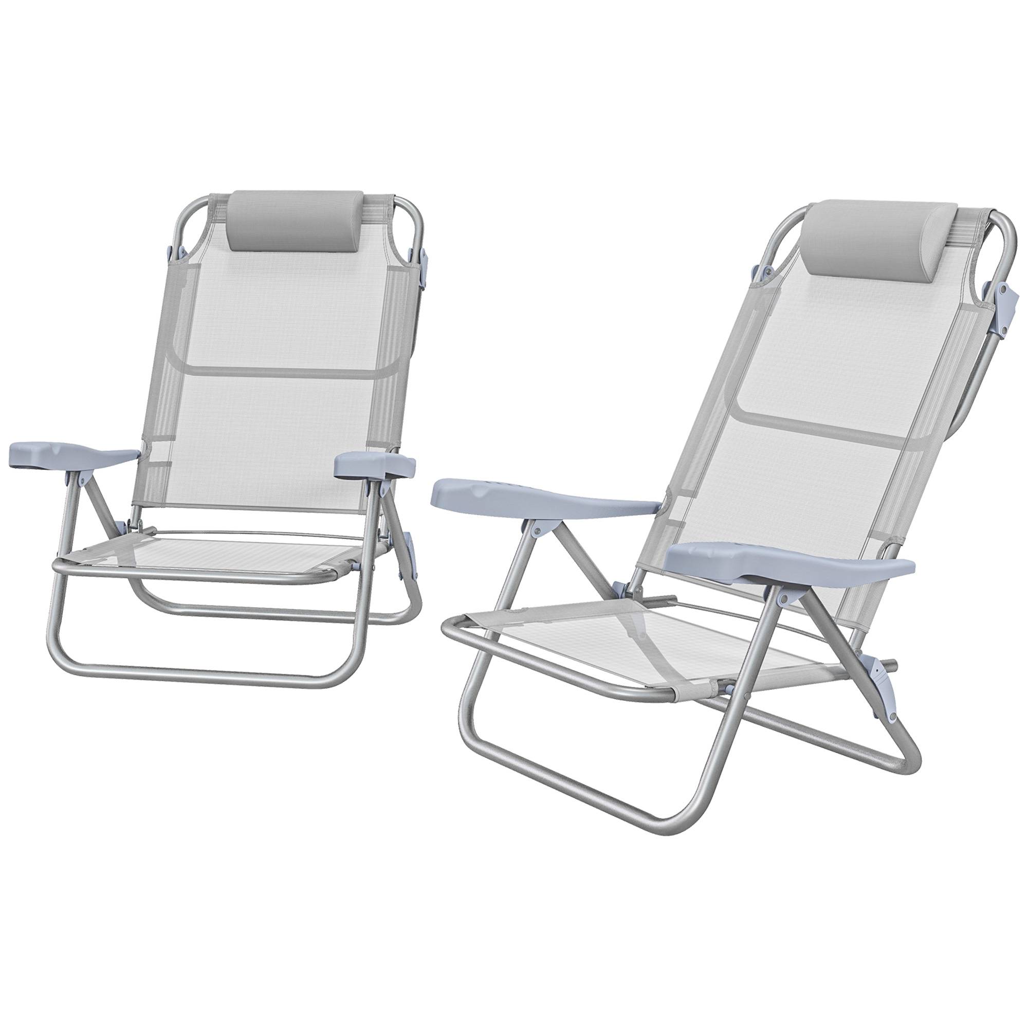 Lot de 2 chaises de camping pliantes et inclinables à 6 positions, en aluminium et mousse, 62 x 65 x 80 cm, gris clair - Image 2