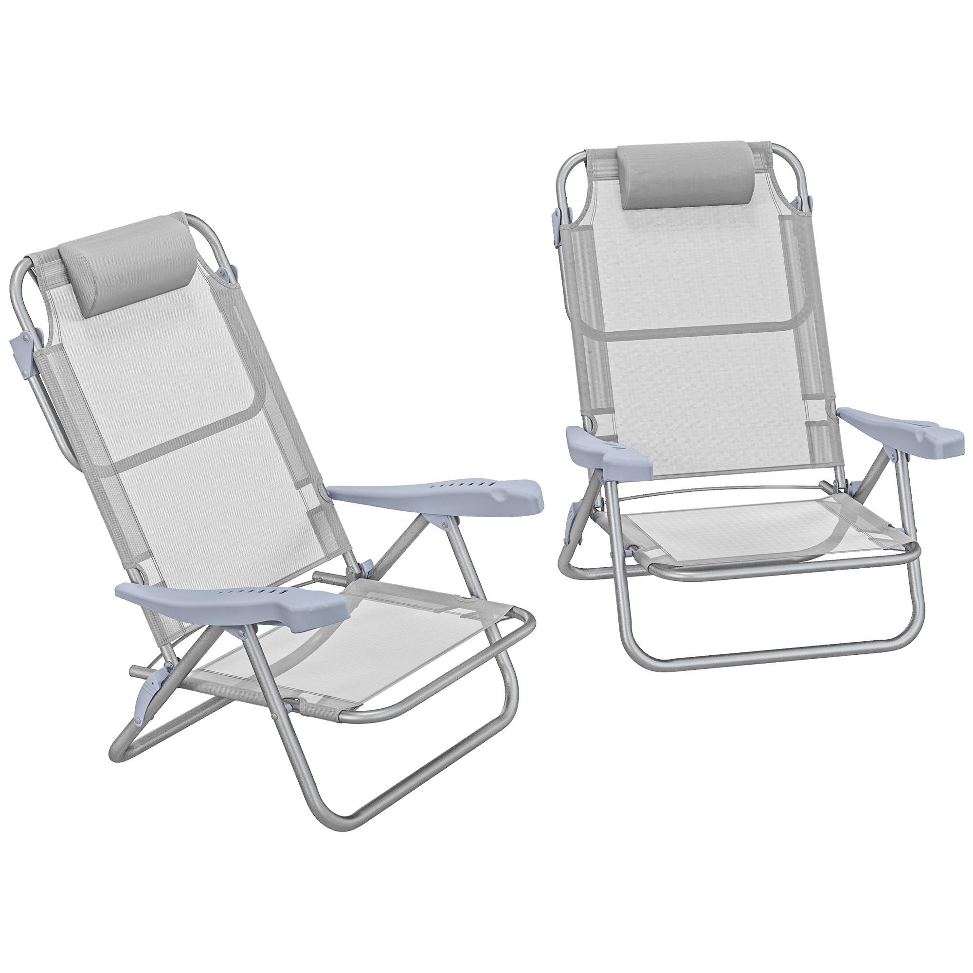 Lot de 2 chaises de camping pliantes et inclinables à 6 positions, en aluminium et mousse, 62 x 65 x 80 cm, gris clair - Image 1