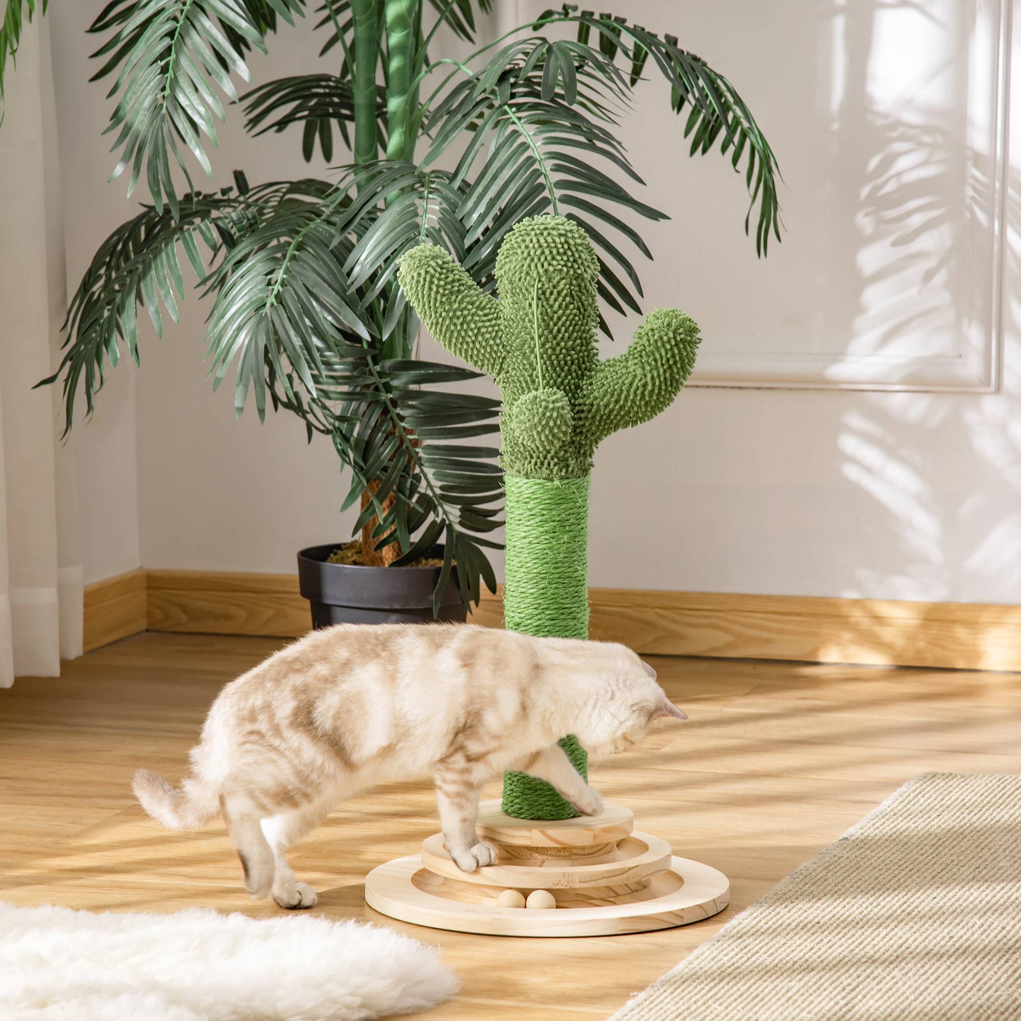 Pawhut - Griffoir chat design cactus - jouet pompon suspendu, jouet boules - bois de pin sisal vert - Image 2