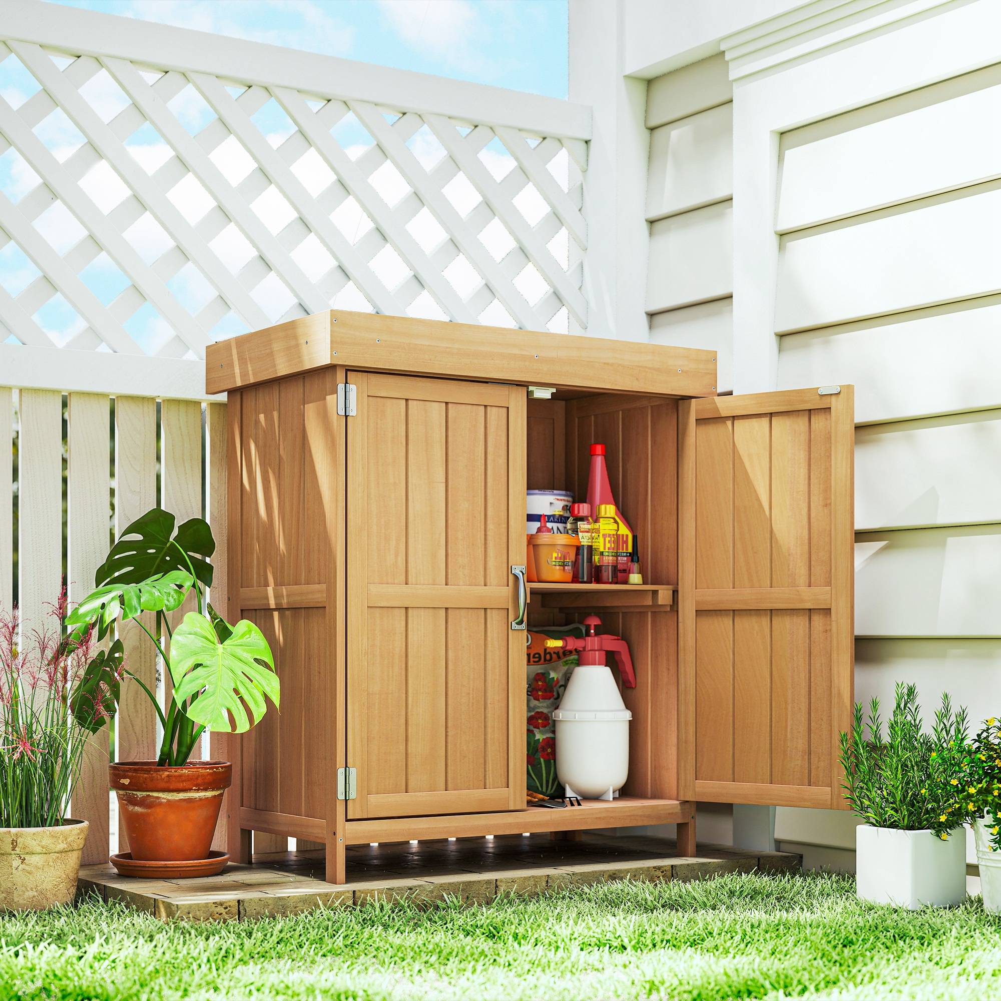 Outsunny - Armoire de Jardin Double Porte étagère toit bitumé relevable 74x43x88cm Bois Massif Sapin - Outsunny - Image 2
