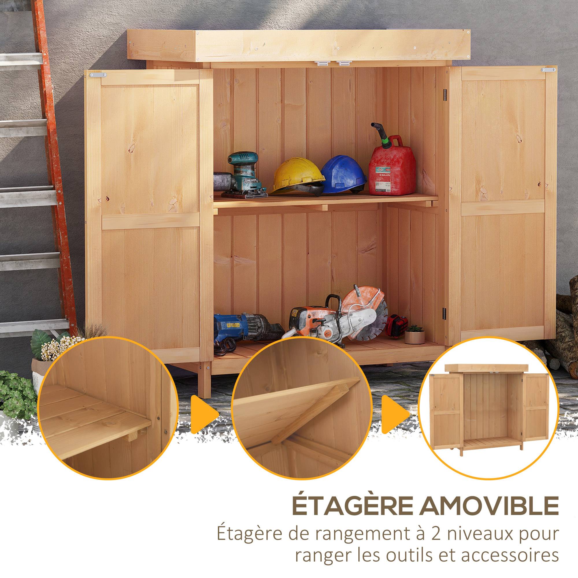 Outsunny - Armoire de Jardin Double Porte étagère toit bitumé relevable 74x43x88cm Bois Massif Sapin - Outsunny - Image 6