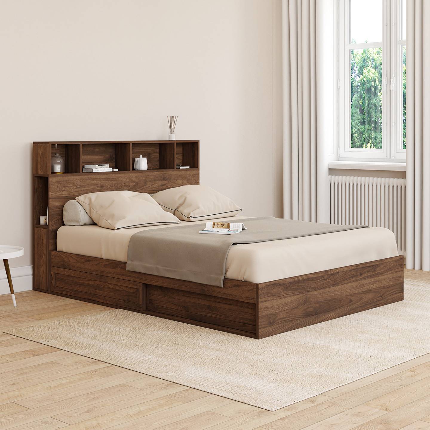 IDMARKET - Lit double CLEM avec rangements + tête de lit et sommier 140 x 190 cm effet noyer - Image 1