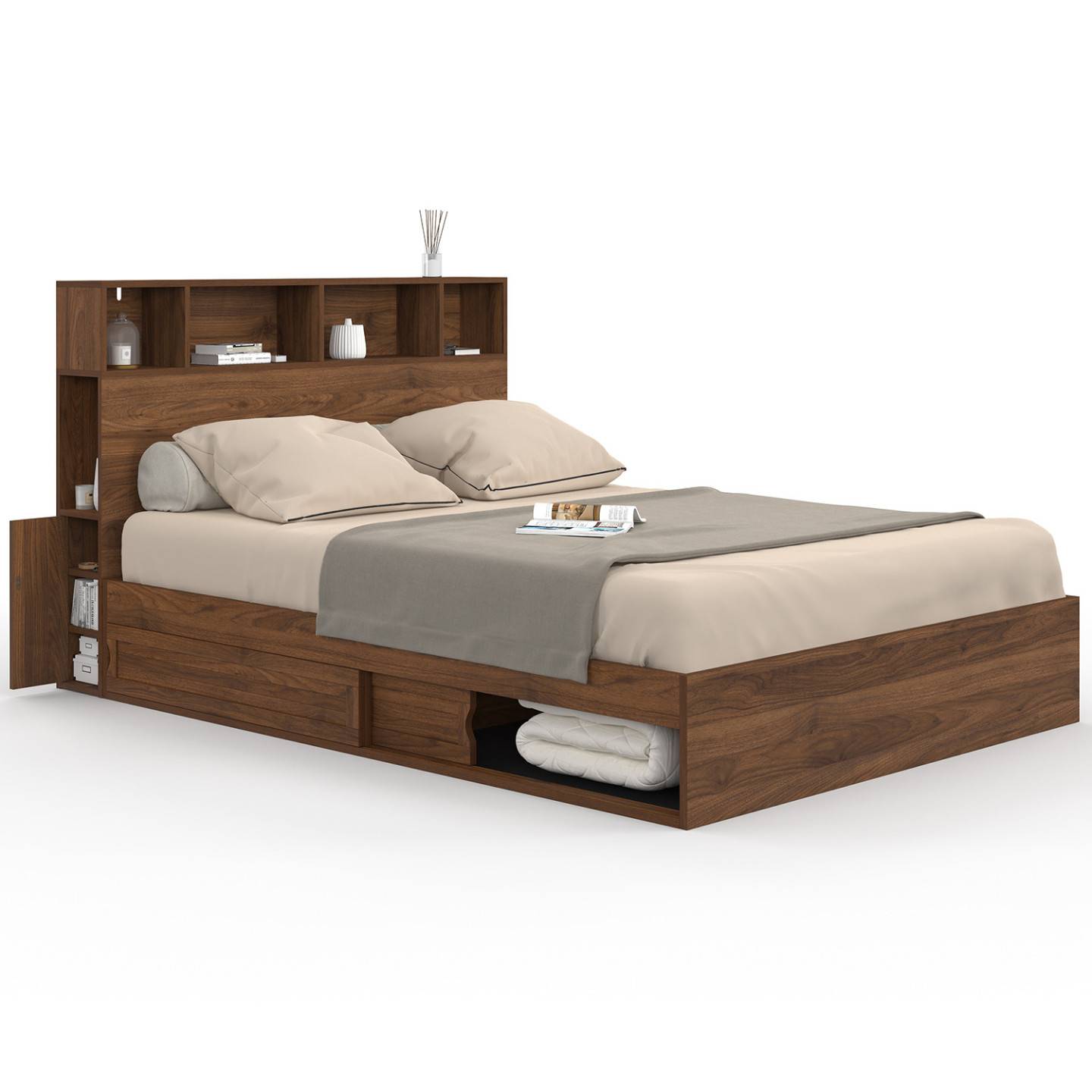 IDMARKET - Lit double CLEM avec rangements + tête de lit et sommier 140 x 190 cm effet noyer - Image 2